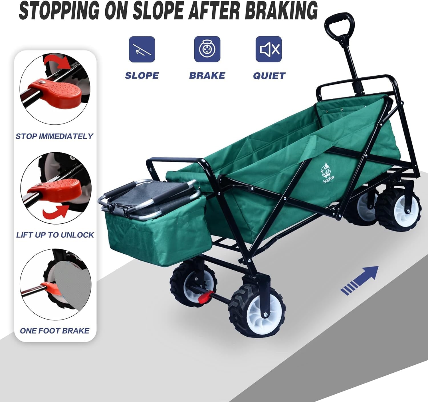 COOKCOK Collapsible Wagon Cart, 350 Pound Capacity Heavy Duty Enlarged Utility Folding Beach Garden Wagon Cart with Cooler Bag & Big Wheels for Outdoor Camping Shopping, Green