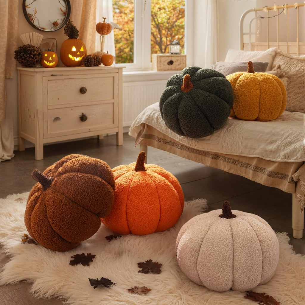 COOKCOK Fall Pumpkin Pillows Set of 2, Halloween Decoration Plush Throw Pillows Soft Fleece Sherpa Cute 3D Shaped Cushion for Sofa Couch Bedroom Autumn Thanksgiving, 12.6x8.7in & 9x5.9in, Orange