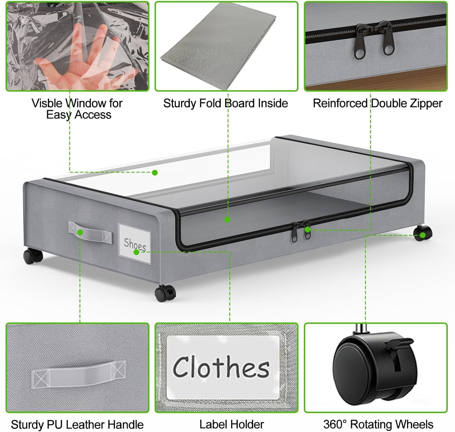 COOKCOK Under Bed Storage with Wheels, 2-Pack Underbed Storage Containers with Clear Lids & Label, Rolling Under the Bed Storage Bins, Rolling Metal Drawer for Clothes, Shoes, Toys, Books, Grey