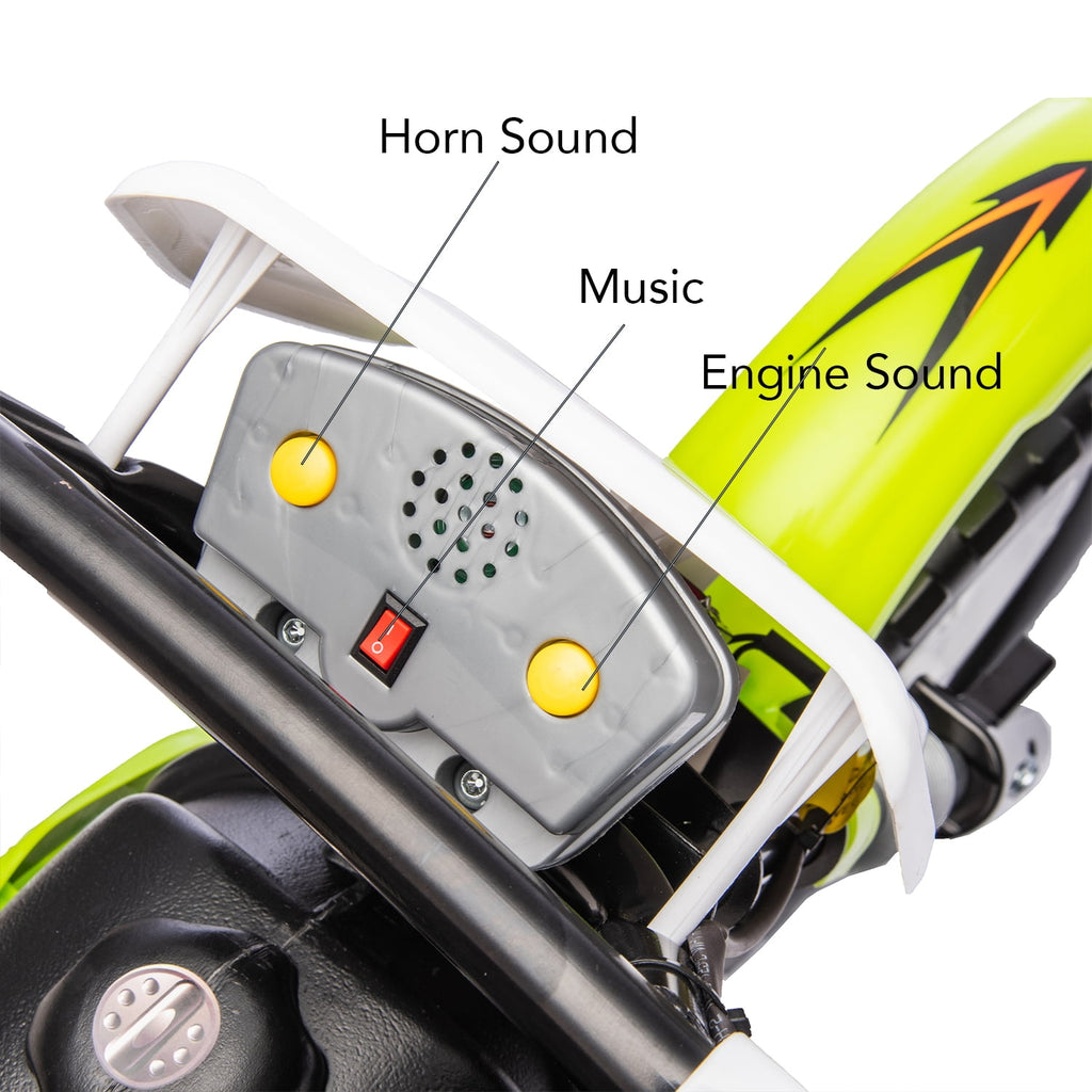 Track Seven 12V Electric Ride On Motorcycle, Kids Motorcycle with Removable Training Wheels, Twist Grip Throttle, Rear Suspension, Music, Electric Dirt Bike for Boys Girls Age 3+, Green