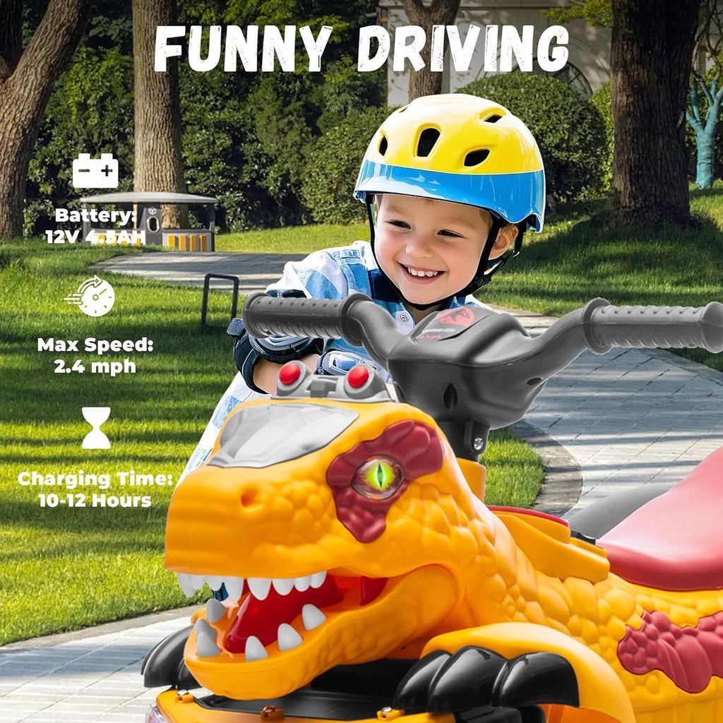 Track Seven 12V Ride-On ATV, Dinosaur Shape Electric Car, 2WD, Music, Bluetooth & Microphone, Power Display, Indoor& Outdoor Ride-On Toy Car for Boys Girls Age 2+, Yellow