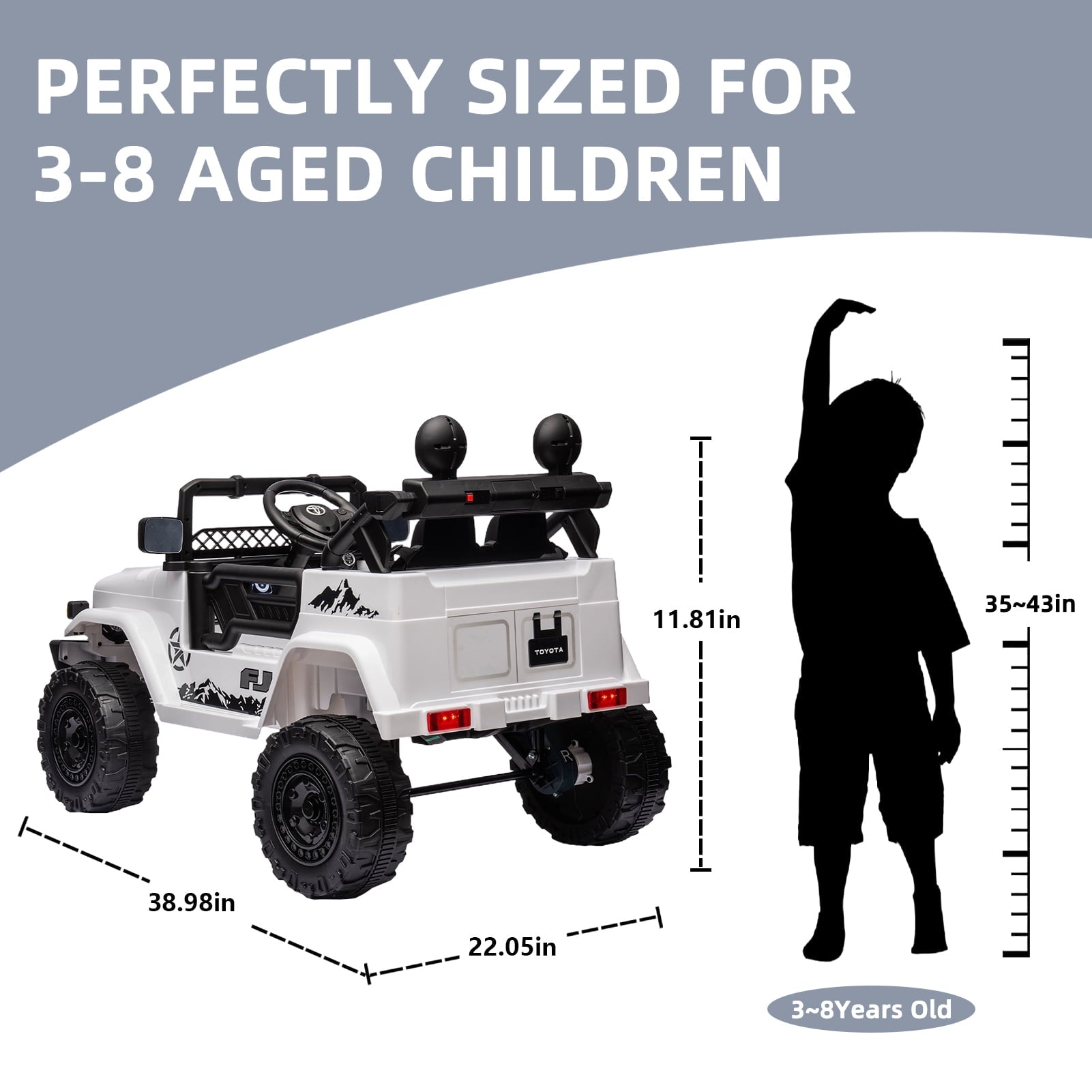 Track 7 Kids Ride on Truck, 12V Licensed Toyota FJ Cruiser Electric Car for Kids Age 3+, Ride on Car w/Remote Control, Power Display, Music, White