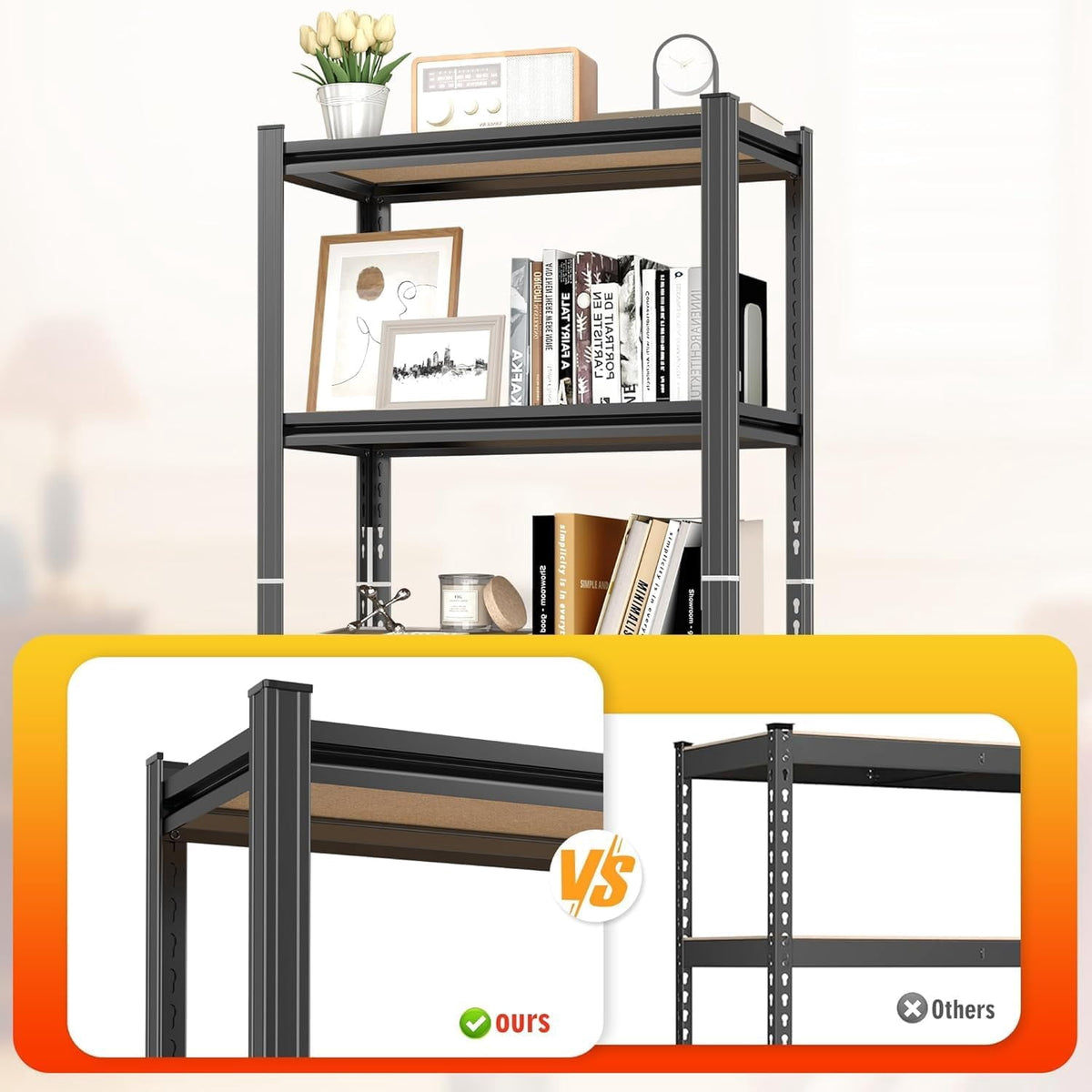 COOKCOK 4-Tier Storage Shelving, Heavy Duty Adjustable Metal Shelf, Wooden Board, 23.6" x 11.8" x 46" Utility Storage Rack for Kitchen, Pantry, Basement, Bathroom, Laundry, Warehouse, Black