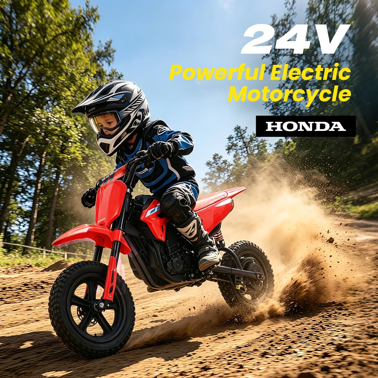 Track Seven 24V Electric Dirt Bike for Kids, Official Licensed Honda Electric Motorcycle, Up to10 Mph, Twist-Grip Throttle, 12" Pneumatic Tires, Bluetooth, Music, Motorcycle for Kids 6+, Red
