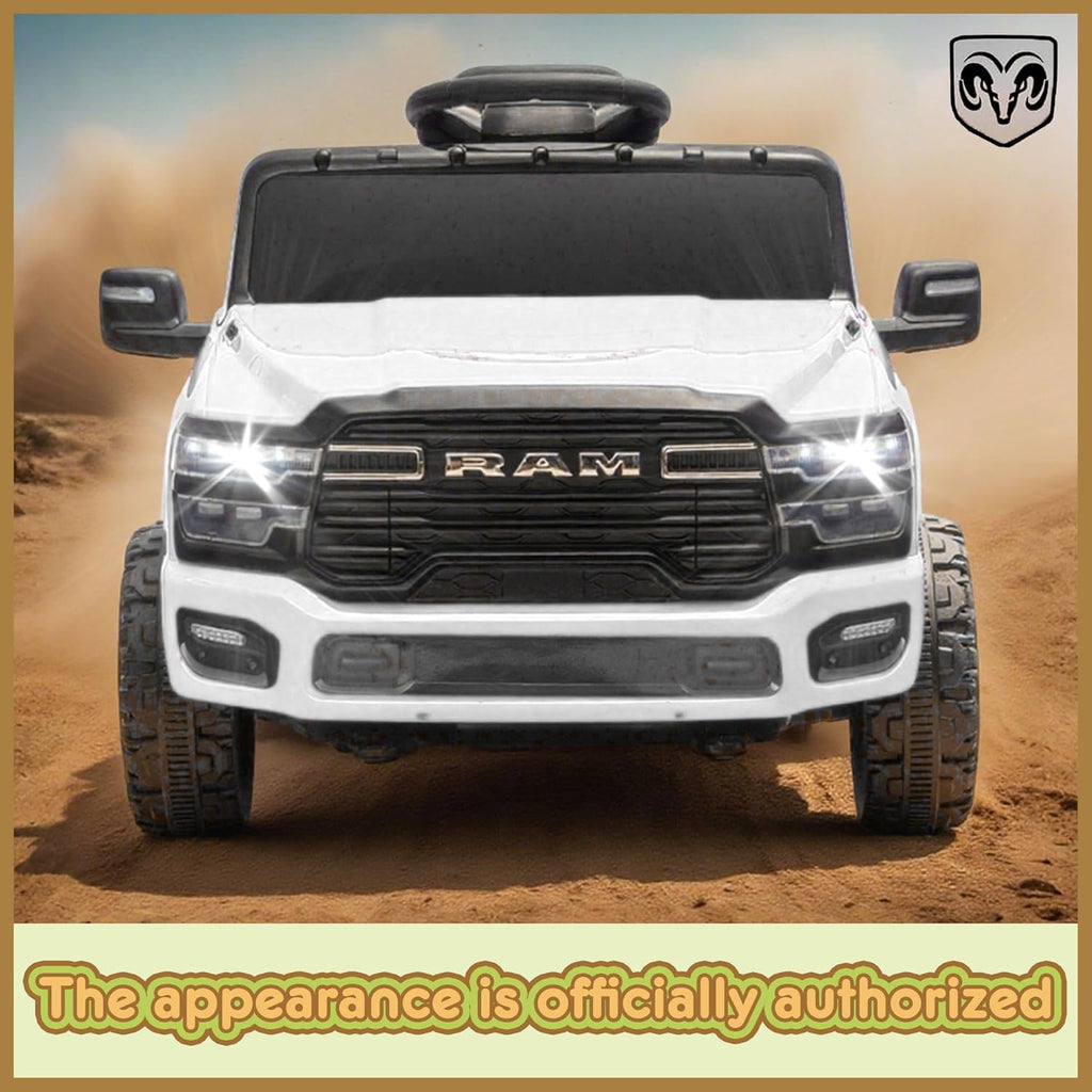 Track Seven 12V Ride on Car, Licensed Dodge RAM 3500 Ride On Truck with Remote Control, Rear Shock Suspension, LED Headlights, Low Battery Alarm, Bluetooth, Music, Ride on Toy for Kids Aged 3+, White