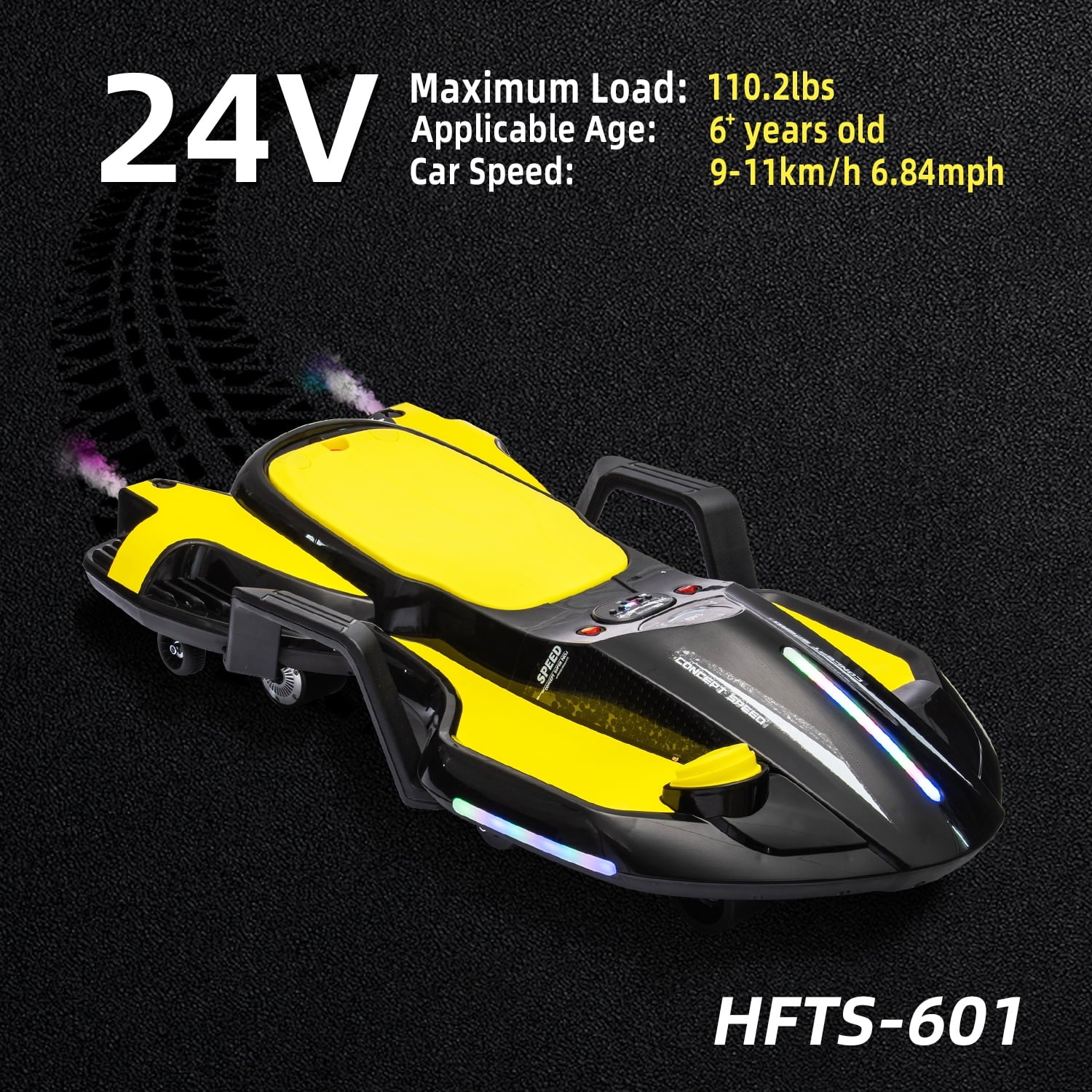 LISUEYNE 24V Ride on Car with Helmet, Knee Pads, Gloves, Devilfish Pattern Ride on Electric Scooter with Spray Function, Gravity Steering, Music, Hnadrails, Max Speed 6.84 mph, Black&Yellow