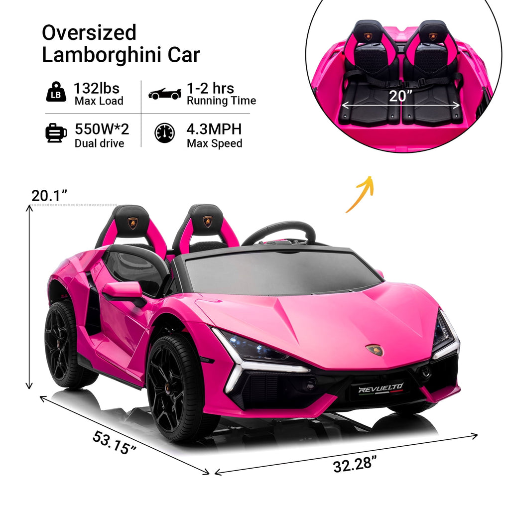 Track Seven 24V 2-Seater Ride on Car, Licensed Lamborghini Revuelto Electric Car with Remote Control, Music, LED Lights, Key Start, Spring Suspension, Max Speed 4.3mph, 24V Ride on Toy Car, Pink