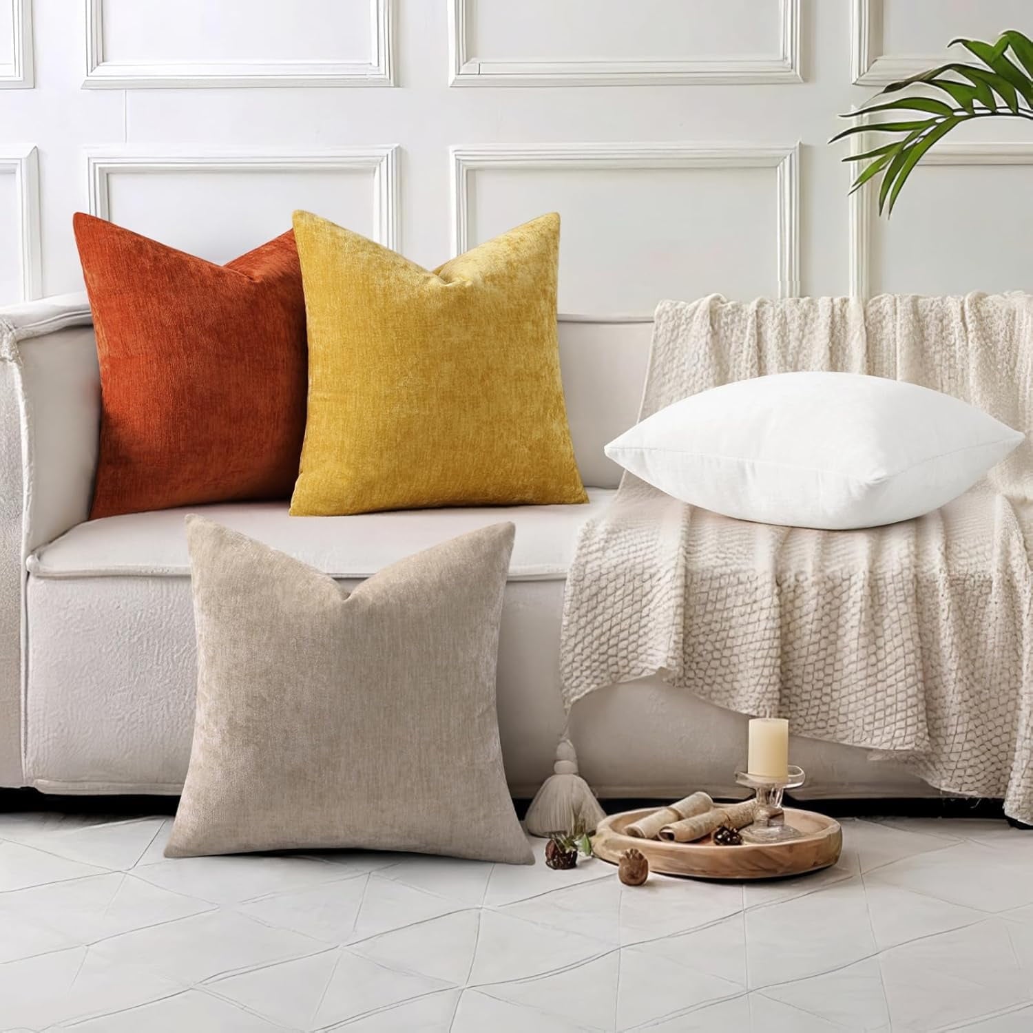 COOKCOK Chenille Black Throw Pillow Covers 18x18 Inch Set of 2, Decorative Soft Couch Pillow Covers Solid Dyed Accent Farmhouse Neutral Square Pillow Cases for Sofa Bed Living Room, Cream White