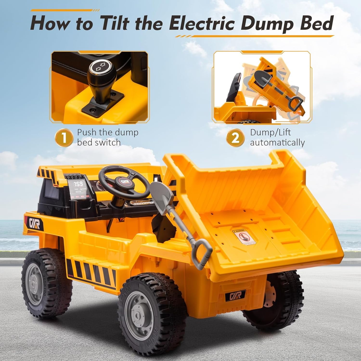 Track 7 Kids Ride on Car, 12V Ride on Dump Truck, Electric Car with Remote Control, Music, USB, Story, Electric Dump Bed and Extra Shovel, Phone stand