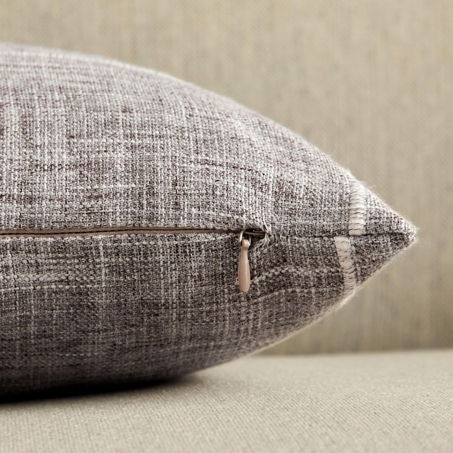 COOKCOK 2 Packs Grid Embroidery Throw Pillow Covers, 18x18 Inch Taupe, Farmhouse Cotton Linen Decorative Light Brown Cushion Covers for Sofa Bed Living Room Home Decor