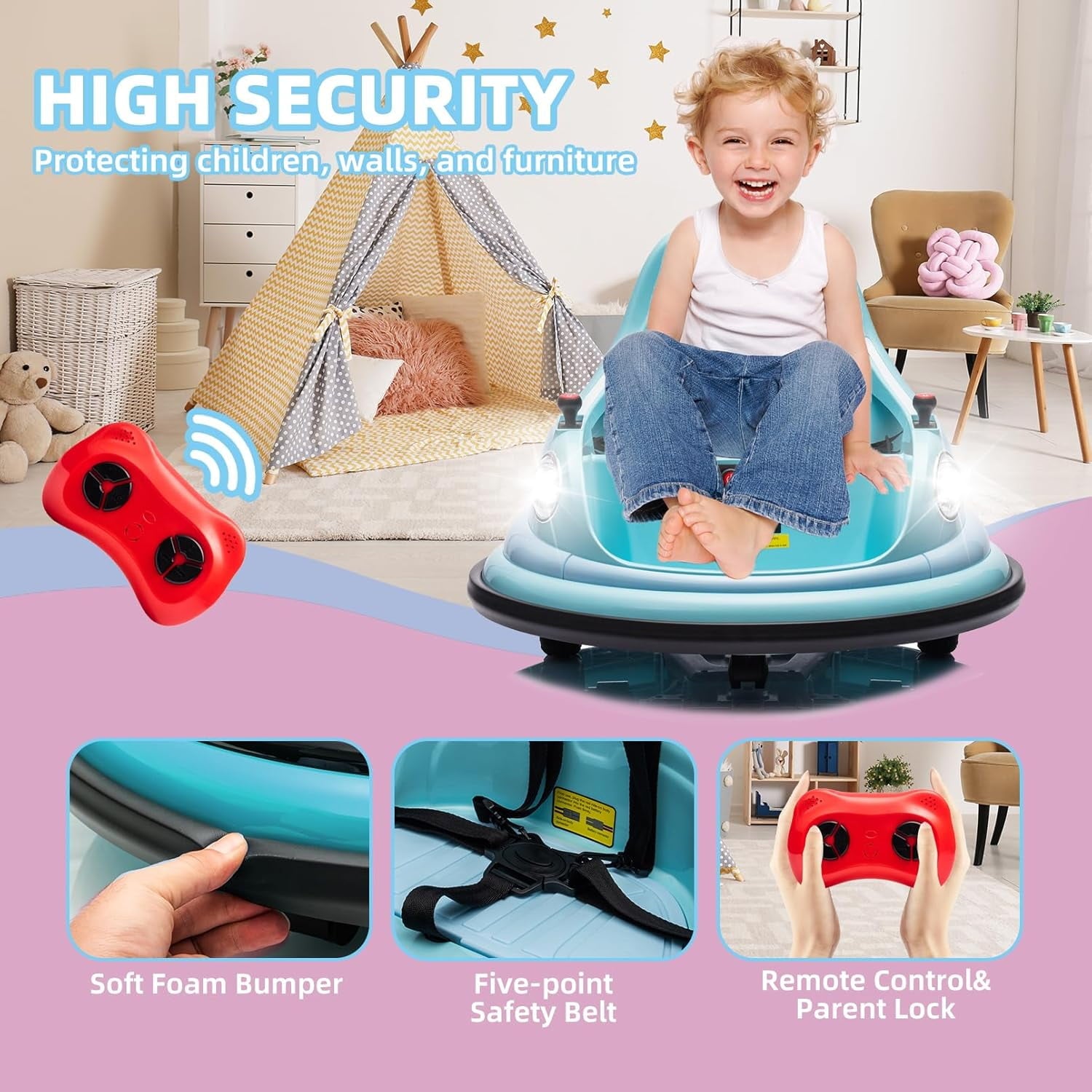 Track Seven 12V Bumper Car for Toddlers, Kids Electric Bumper Car with Remote Control, LED Lights, Bluetooth, 360°Spin, Ride on Toy Car for Boys Girls Aged 2+, Blue