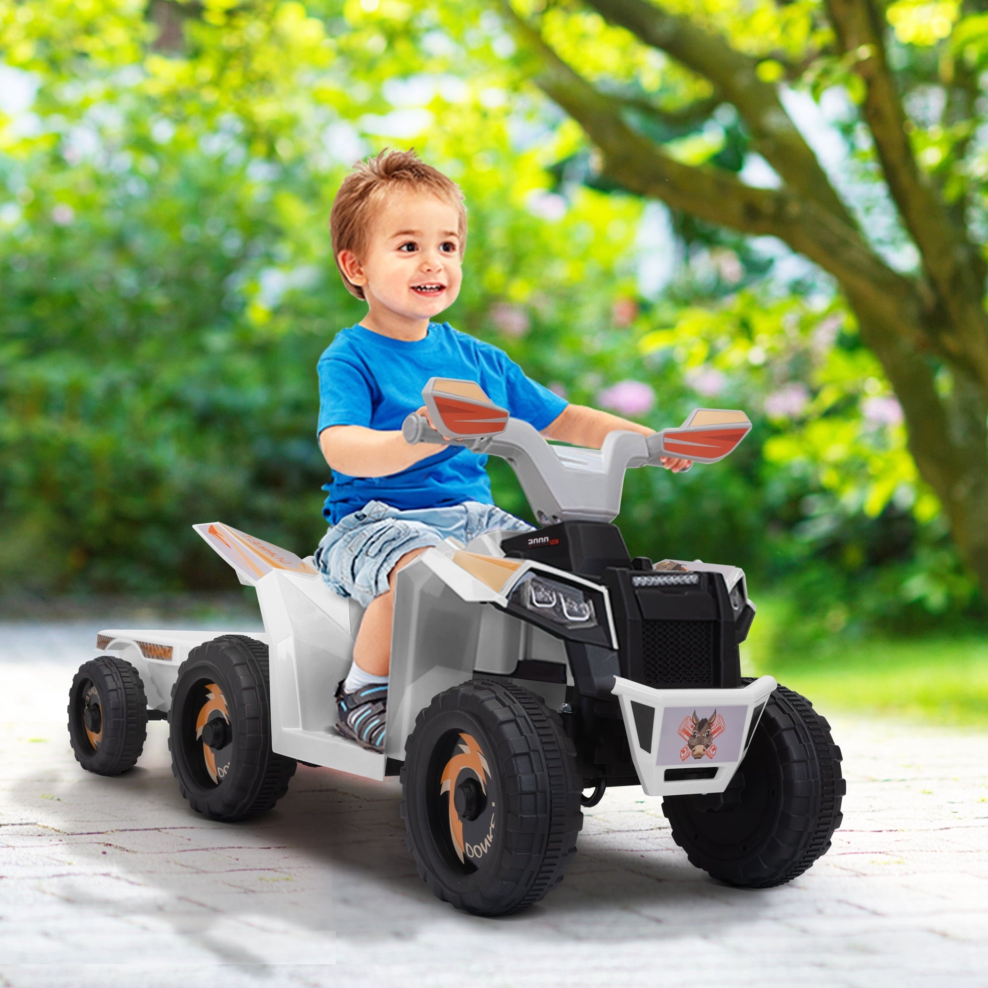 Track 7 Kids Ride on ATV with Trailer, 4 Wheeler Electric Quad Vehicle, Ride on Car with Music, Horn, Power Display, Kids Electric ATV, White
