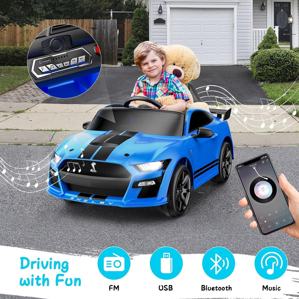 Track 7 12V Ride on Car, Licensed Ford Mustang Shelby GT500 Ride on Car with Remote Control, LED Lights, Music & Bluetooth, Electric Car for Boys Gilrs Age3+, Red