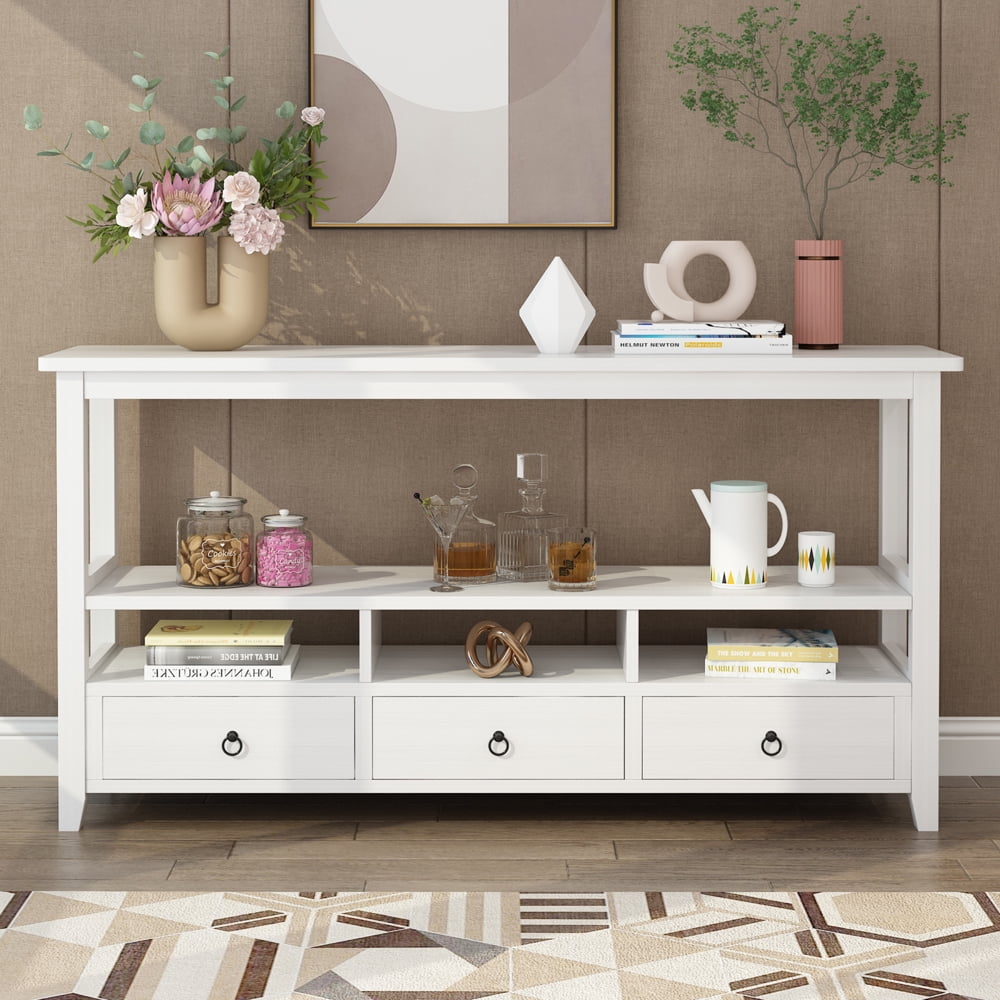 COOKCOK Console Table with 3 Drawers, Industrial Sofa Table, Entryway Table with 3-Tier Storage Shelves, TV Console TV Stand for Hallyway, Living Room, White