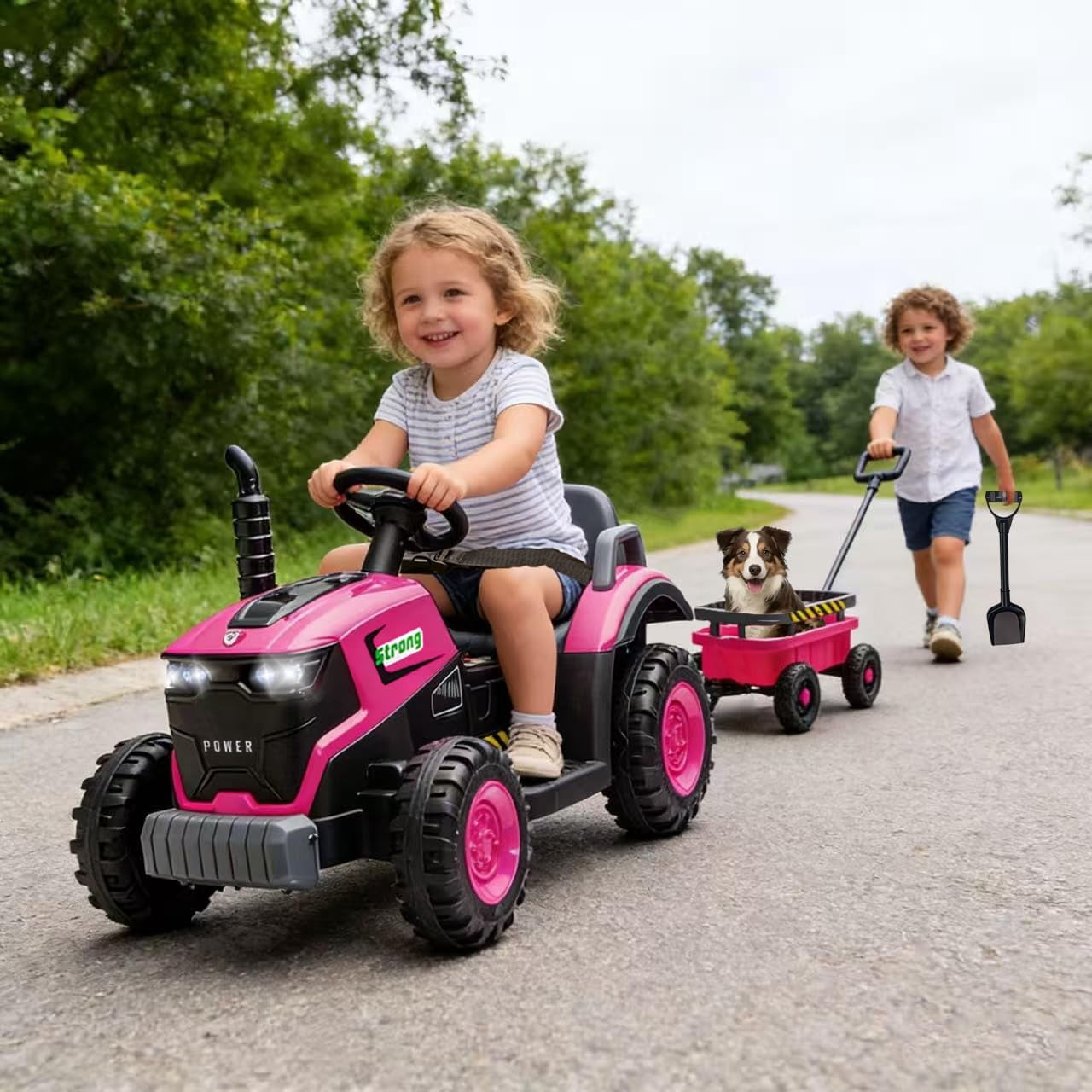 Track Seven 12V Ride on Tractor with Detachable Trailer, Kids' Electric Vehicles with LED Lights, Music, Remote Control Tractor Toy for Boys Girls Aged 3+, 12V Ride on Toys Car for Kids, Pink