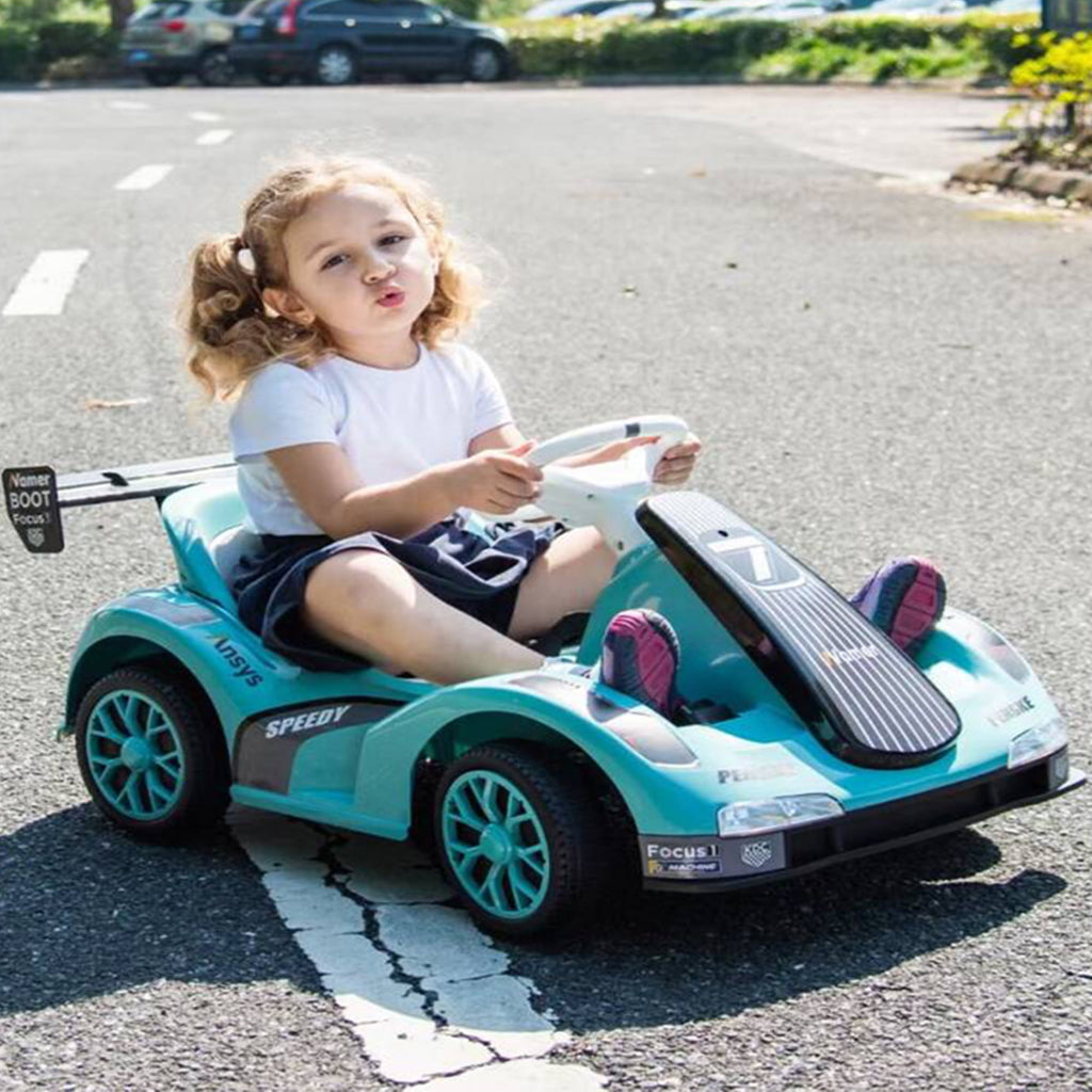 Track 7 12V Electric Go Kart for Kids, Electric Drift Kart with Remote Control, Bluetooth, 380W Motor Dual Drive Ride on Car Toys for Boys Girls Age 3+, Blue