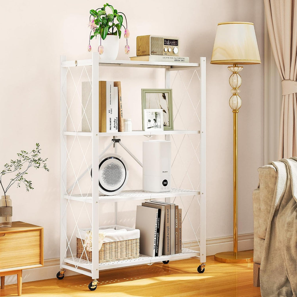 COOKCOK 4-Tier Storage Shelves, Foldable Shelving Units with Wheels, 27.9"x13.4"x 47.8", Freestanding Wire Shelf Rack with Hooks, No Assembly Organizer Rack for Garage Kitchen, White (Pack of 2)