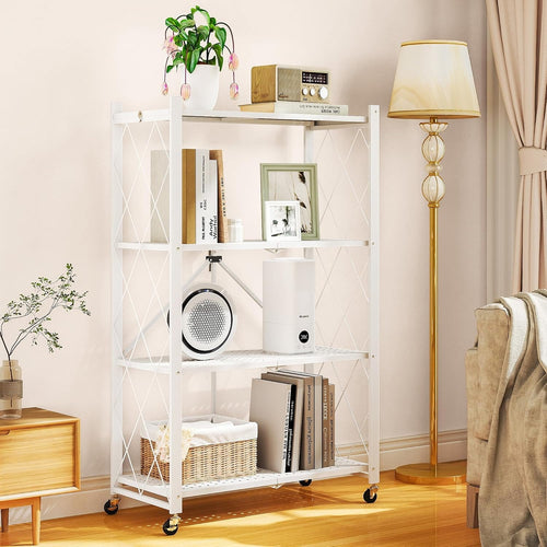 COOKCOK 4-Tier Storage Shelves, Foldable Shelving Units with Wheels, 27.9"x13.4"x 47.8", Freestanding Wire Shelf Rack with Hooks, No Assembly Organizer Rack for Garage Kitchen, White (Pack of 2)