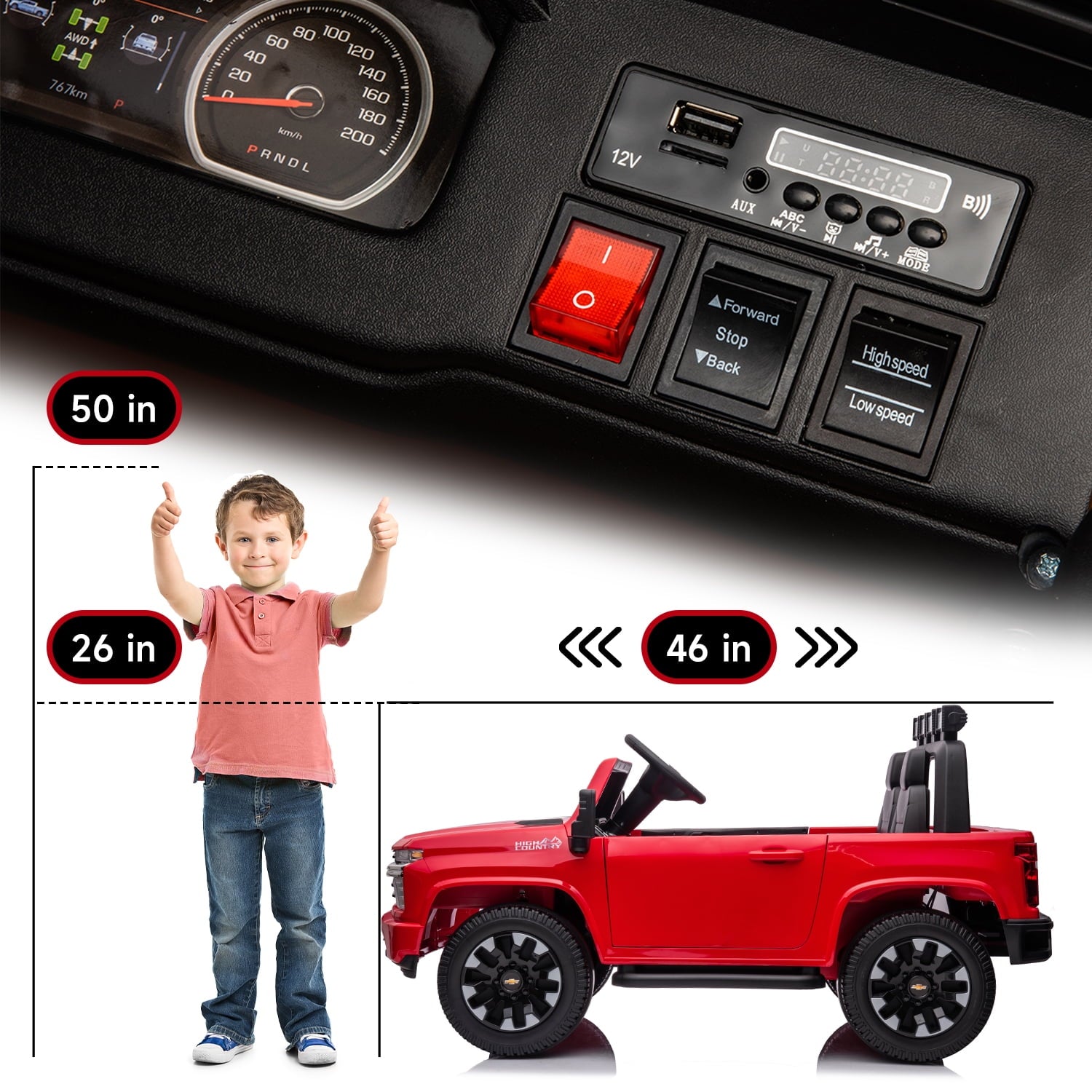 Track Seven 24V Ride on Car, Licensed Silverado HD 2 Seater Electric Car for Boys Girls Age 3+, 24V Ride on Truck w/Remote Control, Music, ABC, Red