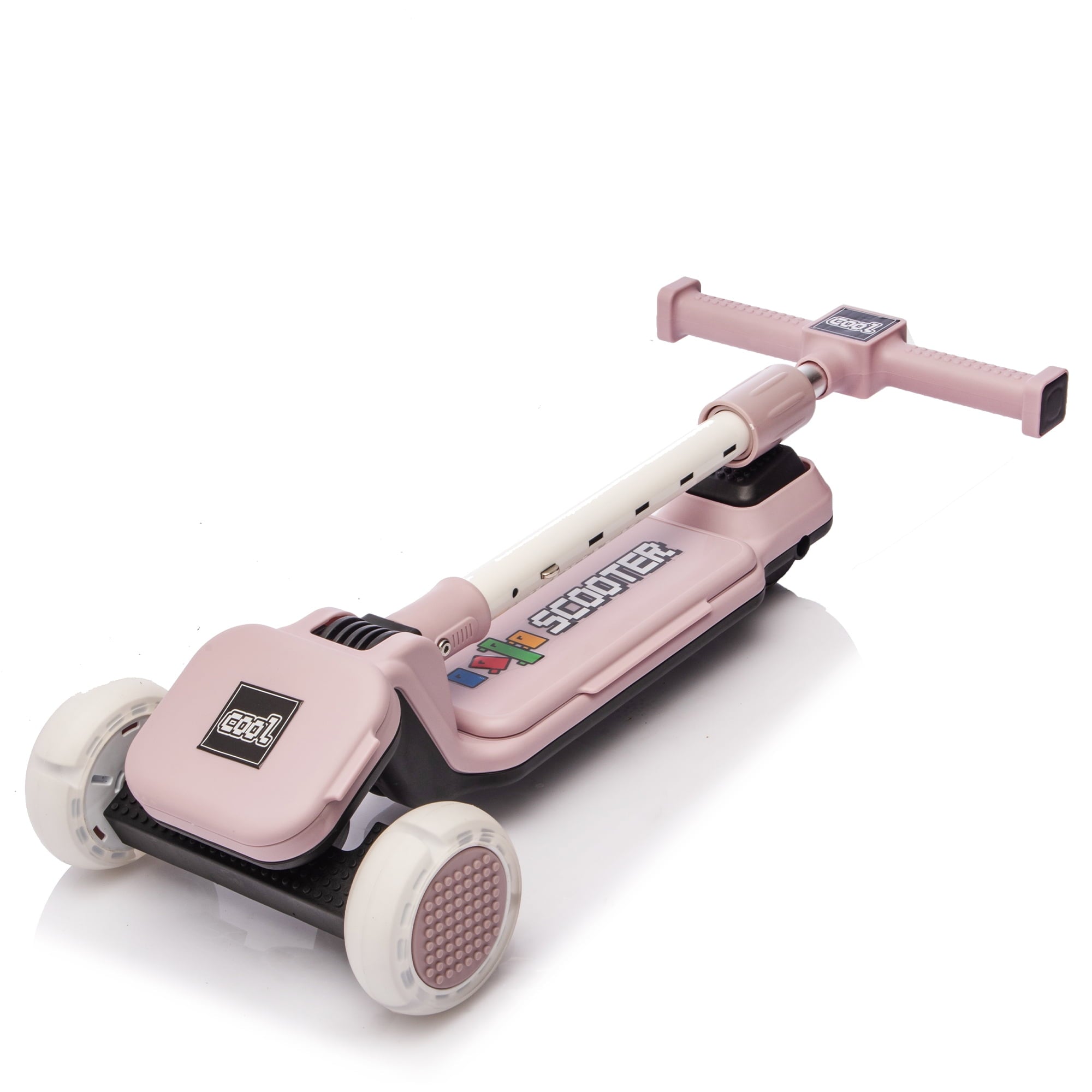 Track Seven Kids Ride On 3-Wheel Scooter W/Buildable Blocks, PU Flashing Wheels, 5-Position Height Adjustable, Folding Kick Scooter for Kids Aged 3+, Purple