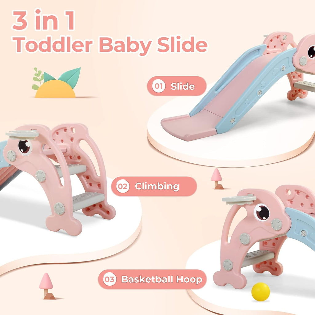 Track Seven Toddler Slide Playset with Climber, Basketball Hoop & Ball - Indoor/Outdoor Playground for Kids，Pink