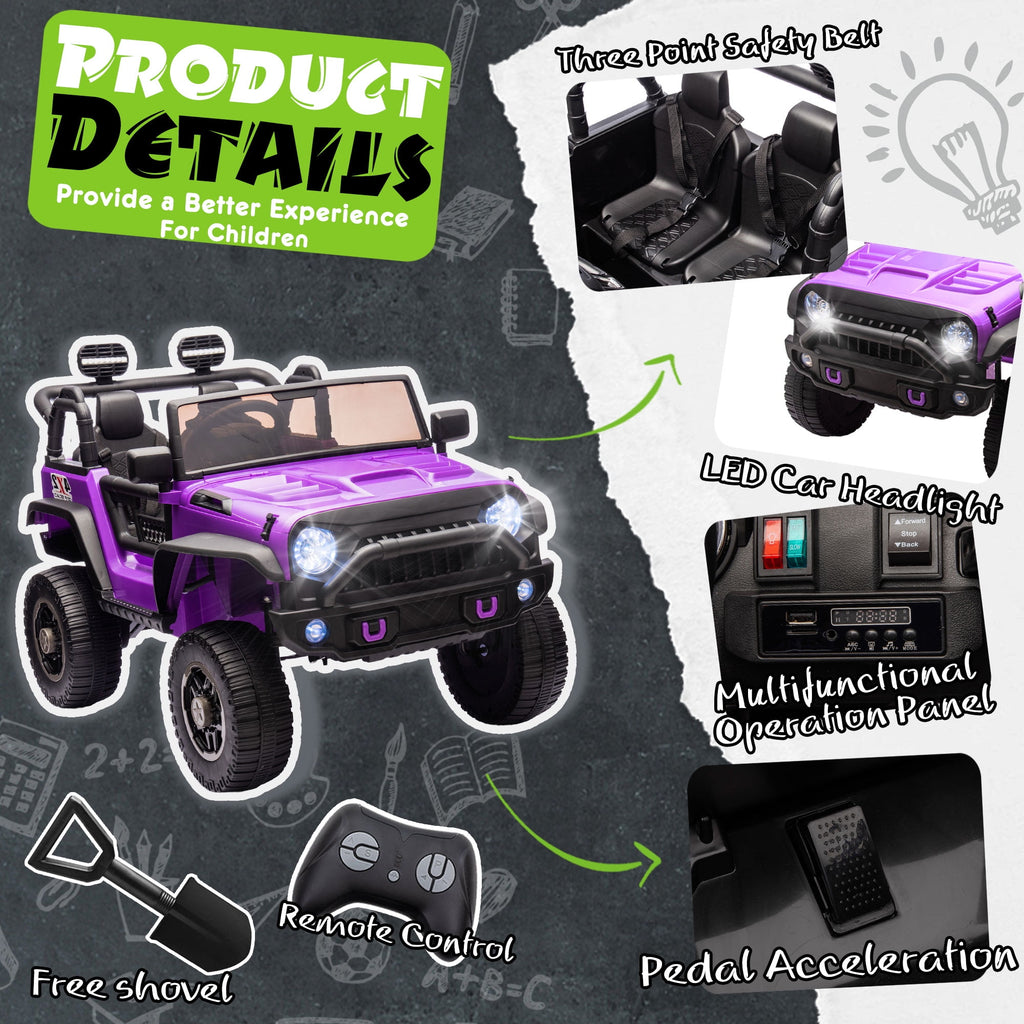 Track 7 24V Ride on Car, 2-Seater Ride on Truck, 400W Motors, 20" Width Seat, LED Lights, Music, Bluetooth, Remote Control, Electric Off-Road Truck Car for Boys Girls Age 3+, Purple
