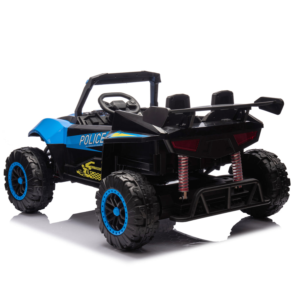 Track 7 24V Kids Ride On Car, 2-Seater Kids Ride On Police Car, 4-Wheel Suspension, with Megaphone, Walkie Talkie, Power Display, Bluetooth, Music, LED Lights for Kids Age 3+, Blue