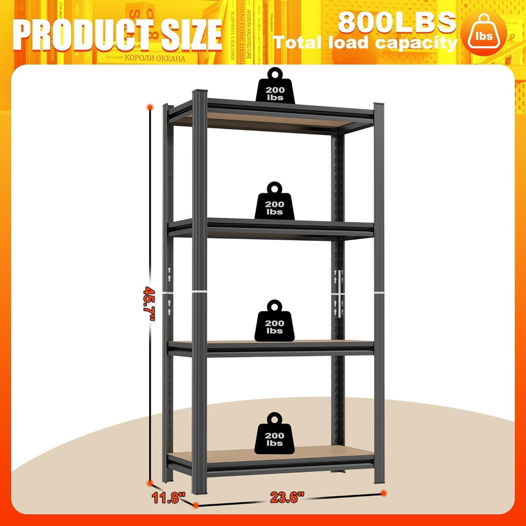 COOKCOK 4-Tier Storage Shelving, Heavy Duty Adjustable Metal Shelf, Wooden Board, 23.6" x 11.8" x 46" Utility Storage Rack for Kitchen, Pantry, Basement, Bathroom, Laundry, Warehouse, Black