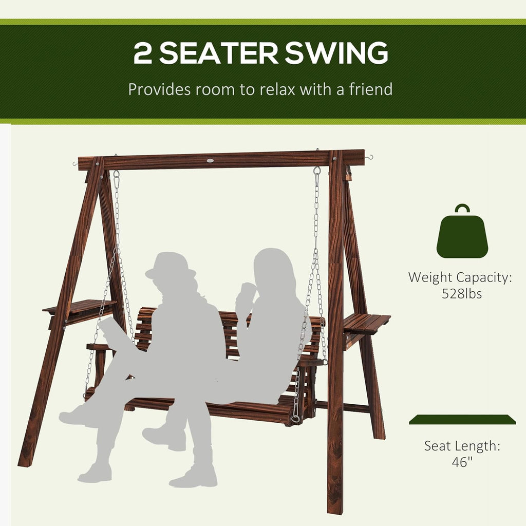 COOKCOK  2-Seat Porch Swing with Stand,  528 lbs Capacity Wooden Patio Swing Chair with Stand and Side Tables for Garden, Poolside & Backyard, Brown