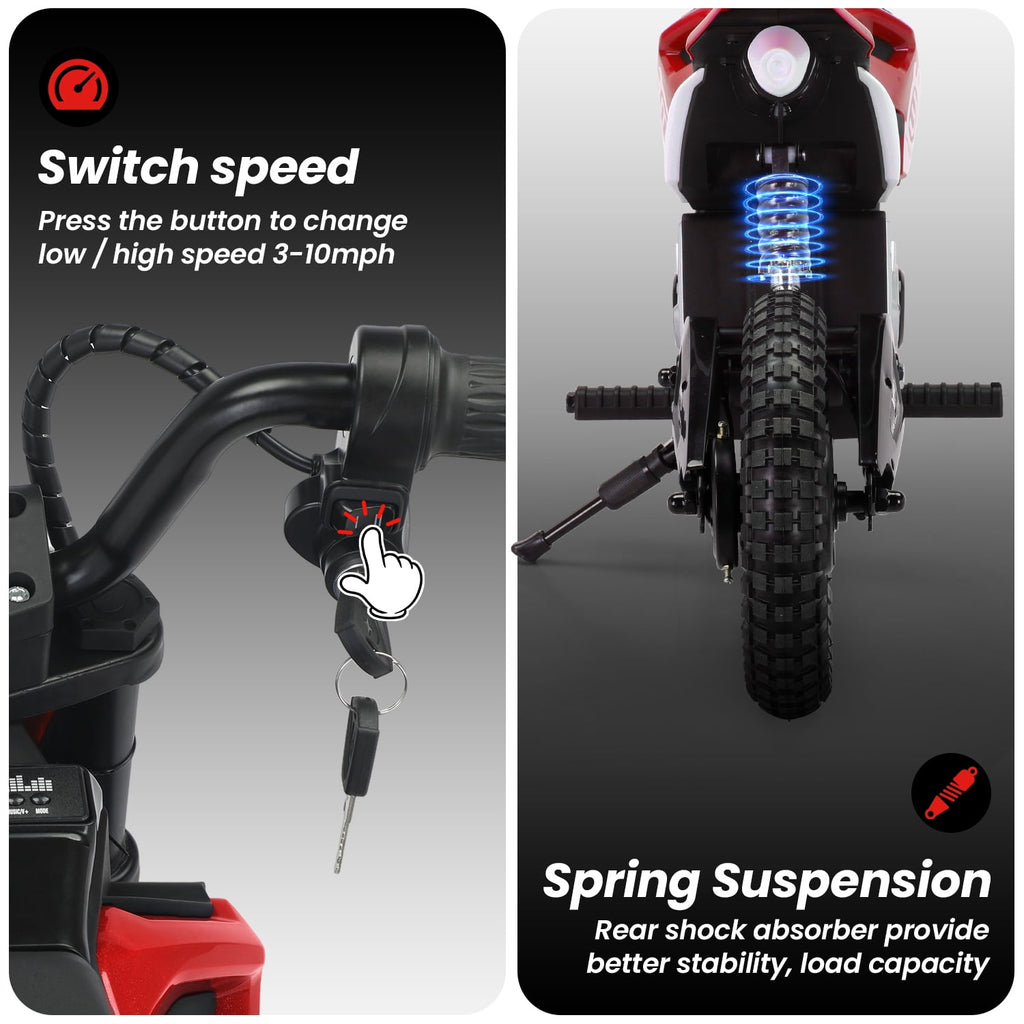 Track Seven 24V Electric Dirt Bike, 200W Motocross Ride on Motorcycle with Hand Operated Brakes, Adjustable Speed, LED Lamp, Music, Max Speed 10mph, Electric Motorcycle for Kids Age 5+, Red