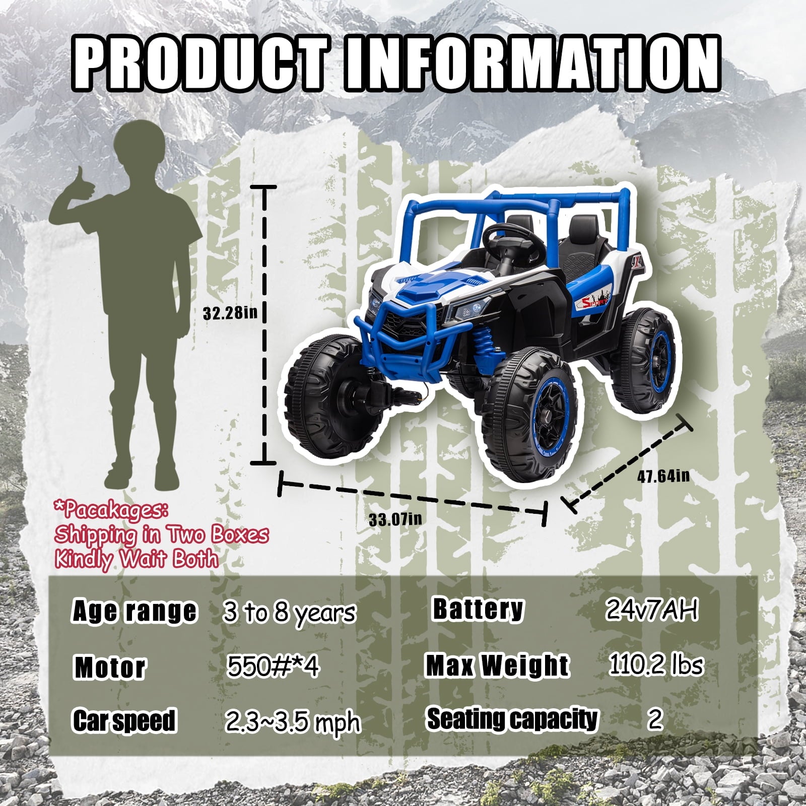 Track 7 24V Ride on UTV, 2-Seater Ride on Car with Remote Control, Music, 2 Speed, Key Start, 4x4 Ride on Off-Road Truck, Blue
