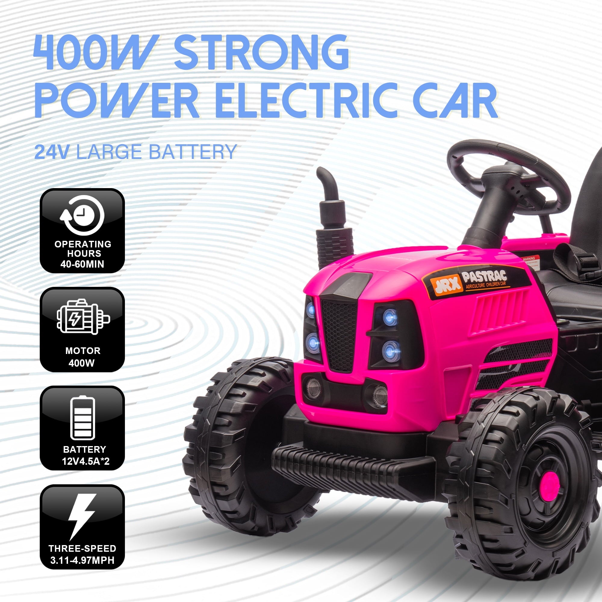 Track 7 24V Ride on Tractor, 400W Electric Tractor with Detachable Trailer, Remote Control, USB, MP3, Power Display, LED Lights, Max Speed 4.97 mph, 24V Electric Car for Boys Girls Age 3+, RoseRed