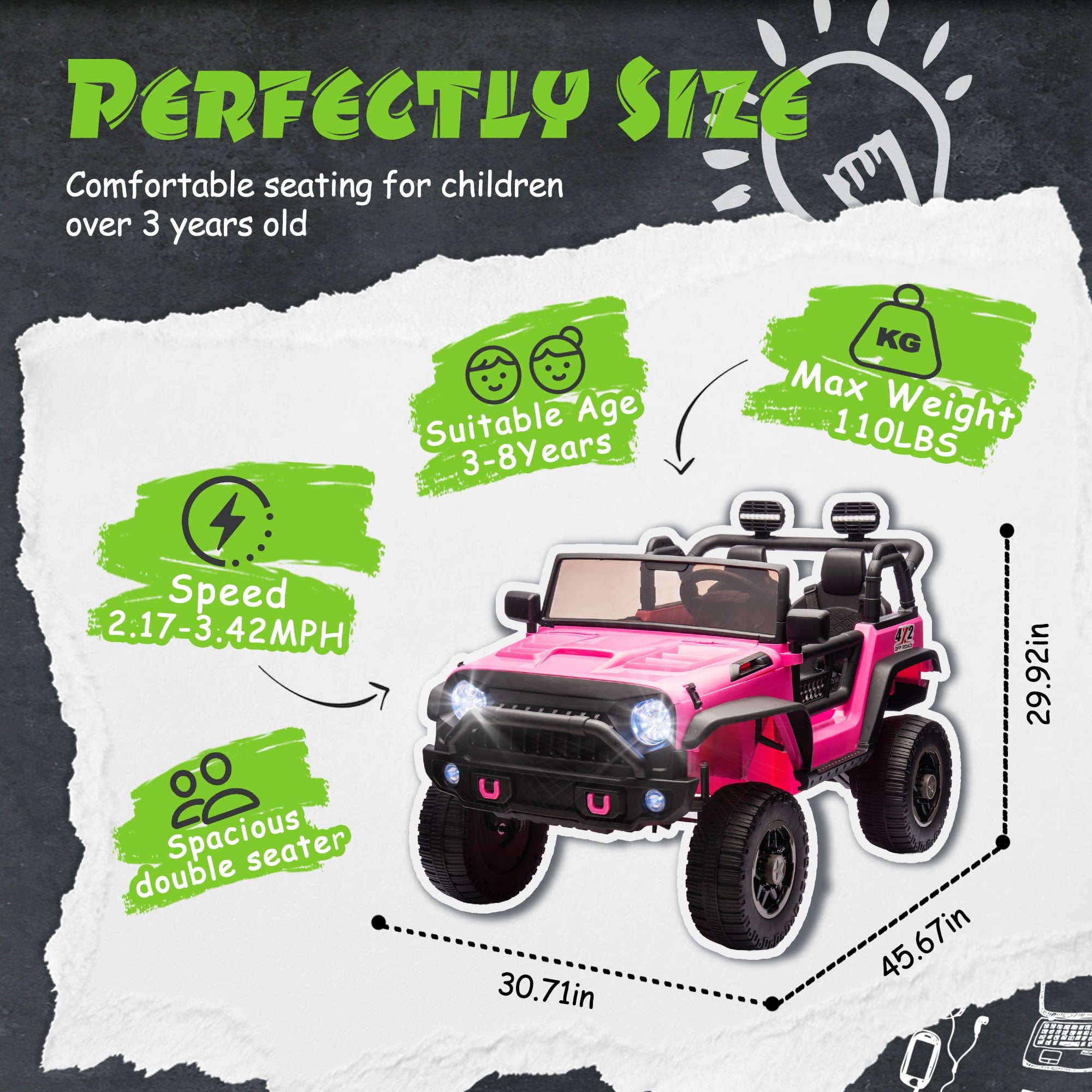 Track 7 24V Ride on Car, 2-Seater Ride on Truck, 400W Motors, 20" Width Seat, LED Lights, Music, Bluetooth, Remote Control, Electric Off-Road Truck Car for Boys Girls Age 3+, Pink