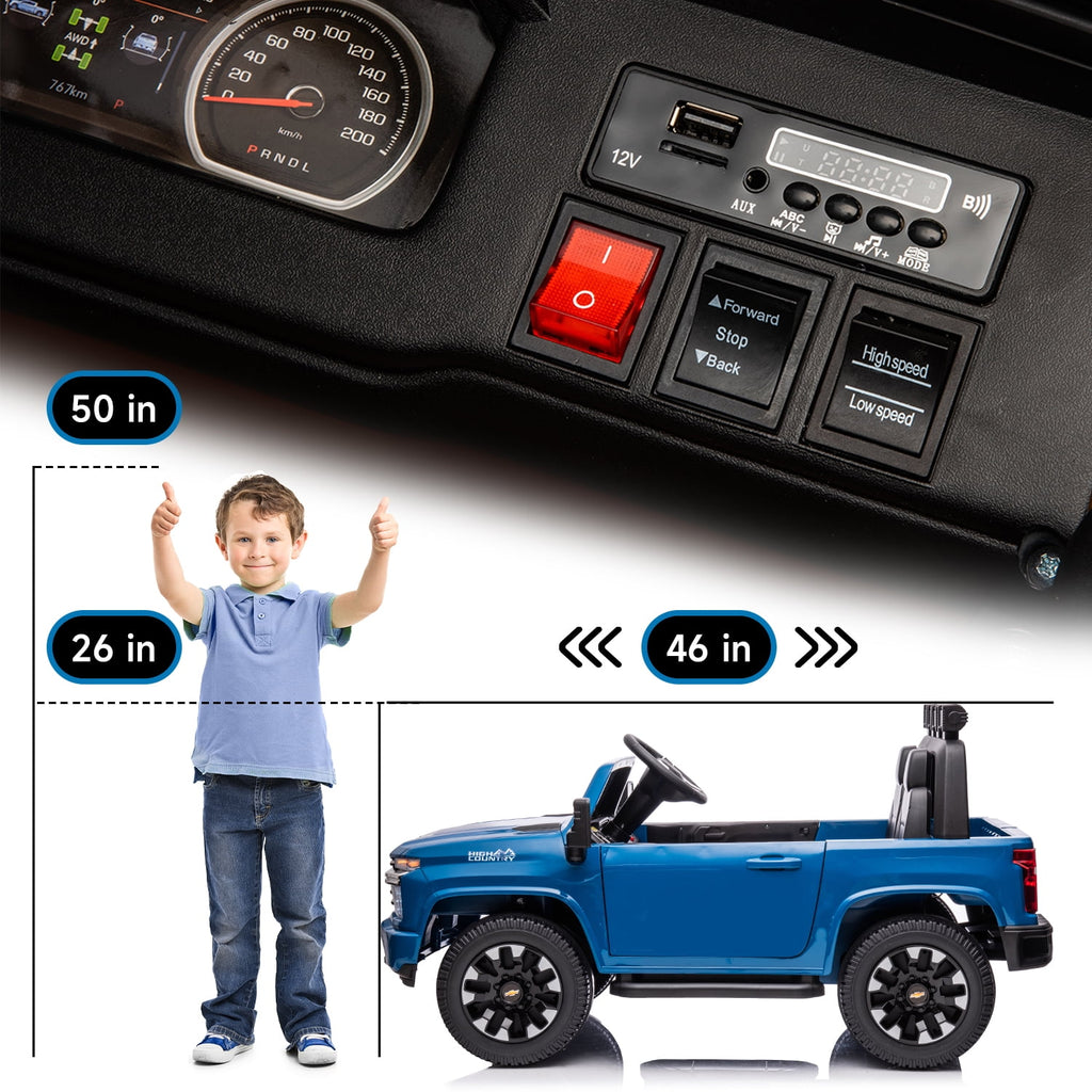 Track Seven 24V Ride on Car, Licensed Silverado HD 2 Seater Electric Car for Boys Girls Age 3+, 24V Ride on Truck w/Remote Control, Music, ABC, Blue