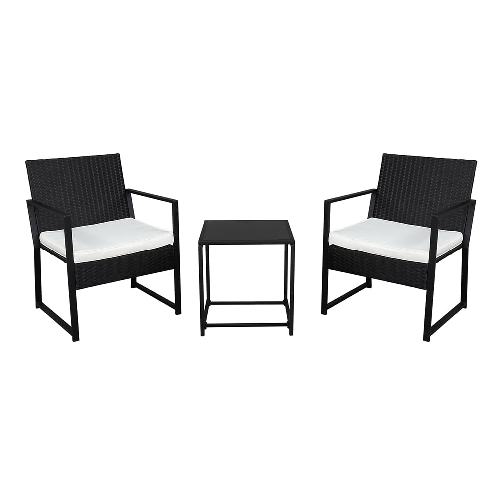 COOKCOK 3 Pieces Patio Set Outdoor Wicker Patio Furniture Sets Modern Bistro Set Rattan Chair Conversation Sets with Coffee Table for Yard and Bistro (Black)