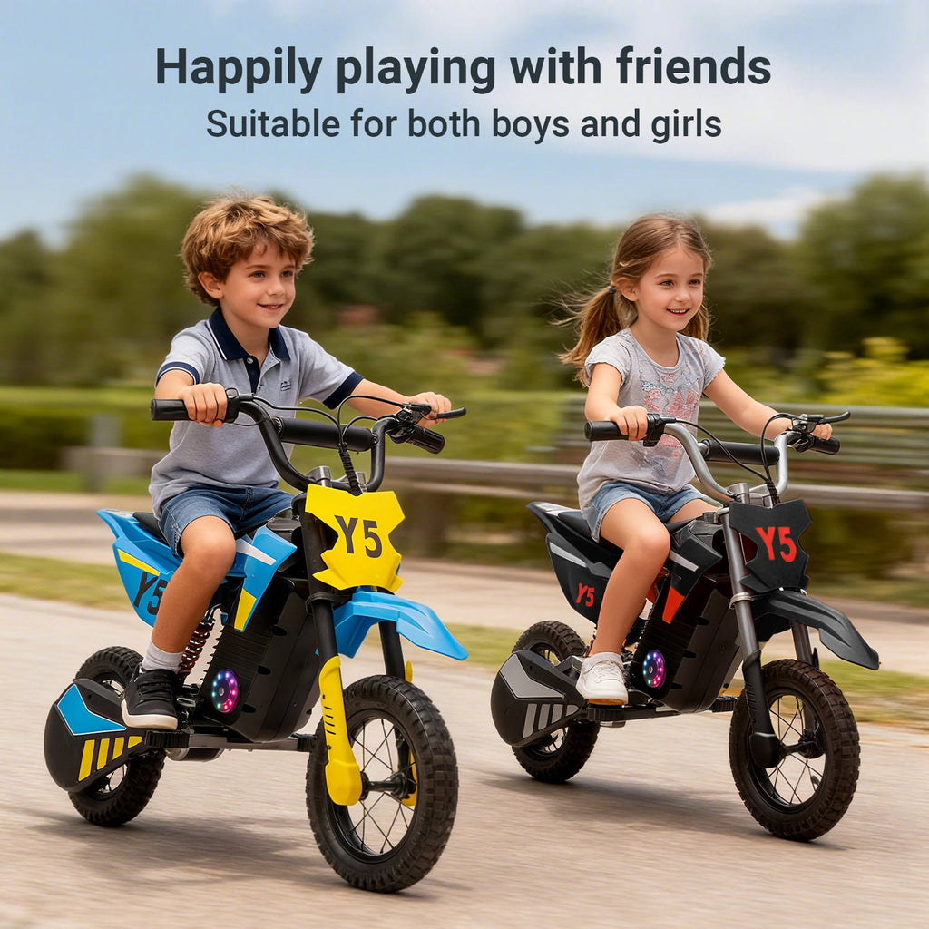 Track Seven 24V Electric Dirt Bike, 250W Ride on Motorcycle, 3 Speed Up-to 9.32 mph, Battery Display, Rear Suspension, Disc Brake, Bluetooth, LED Light, Electric Motocross Bike for Kids Age 8+, Black
