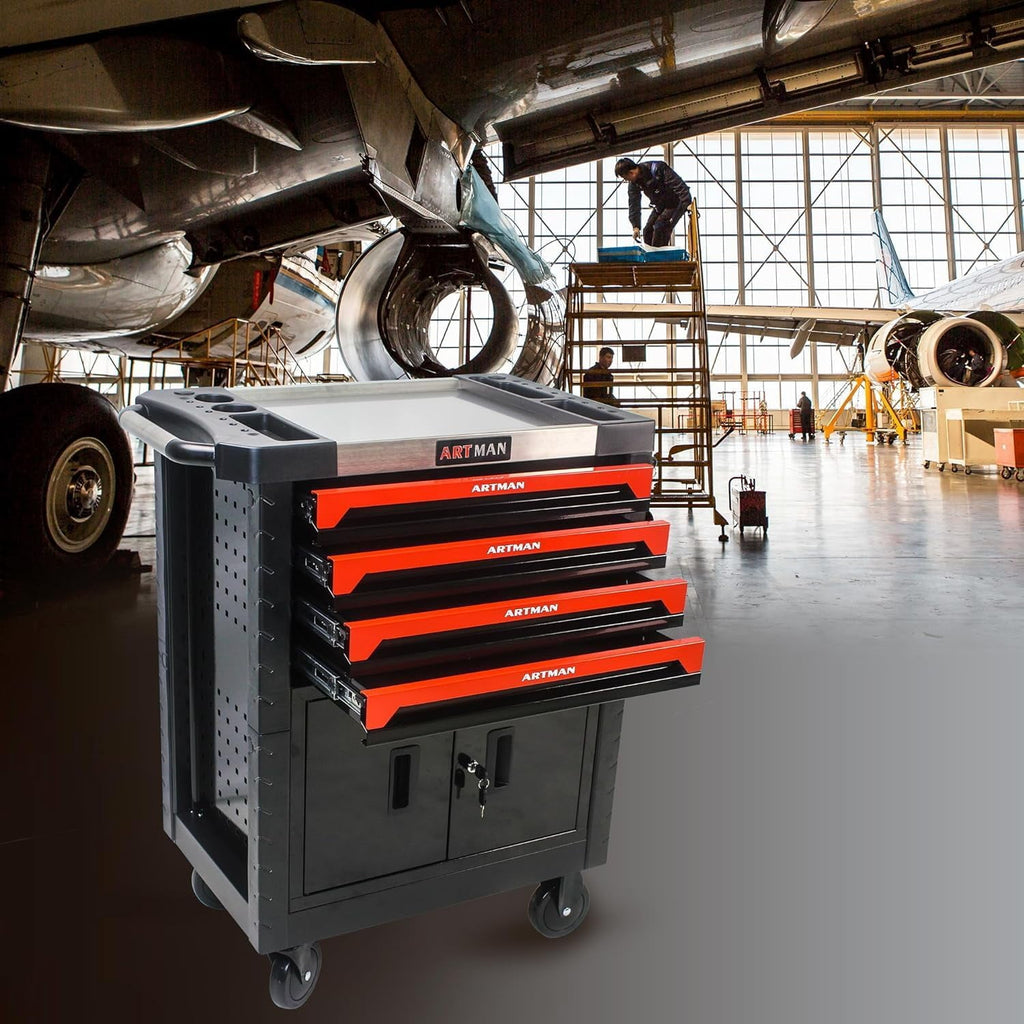 COOKCOK Tool Chest, 4-Drawer Rolling Tool Storage Cabinet, Tool Box Organizer w/Locking System & Lockable Wheels & Removable Drawers, Black