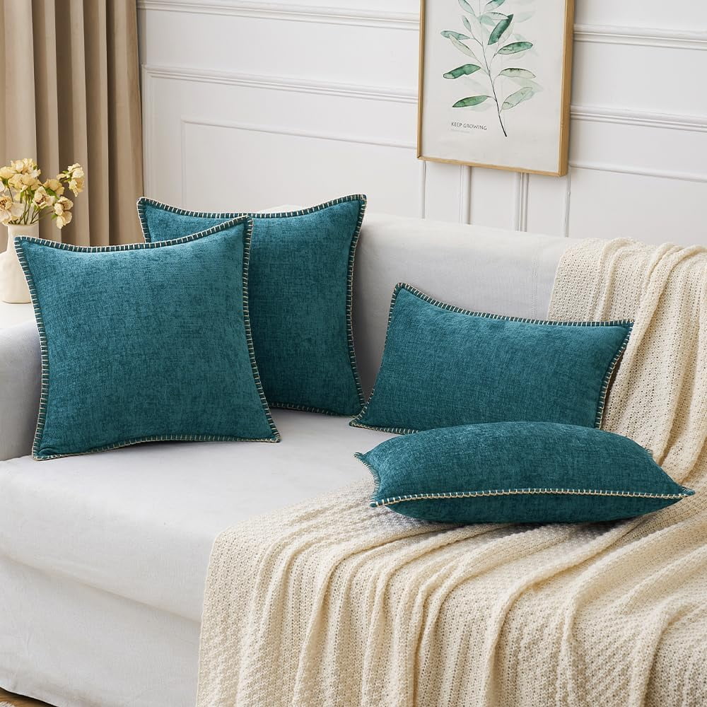 COOKCOK Pack of 2 Christmas Pillow Covers 18x18 Inch Dark Teal Farmhouse Decorative Throw Pillow Covers with Stitched Edge Soft Chenille Solid Dyed Couch Pillow Covers for Sofa Bed Living Room