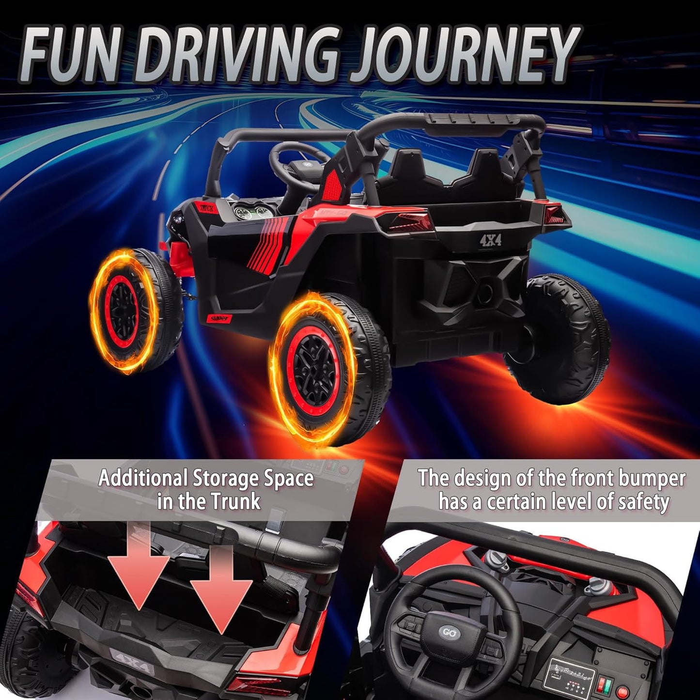 Track 7 24V 2-Seater Ride on UTV, 20" Large Seat, 2 x 200W Powerful Motors, 4.5 mph Max Speed, Ride on Car w/Remote Control, MP3, Lights, Battery Powered Electric Car for Boys Girls Age 3+, Blue