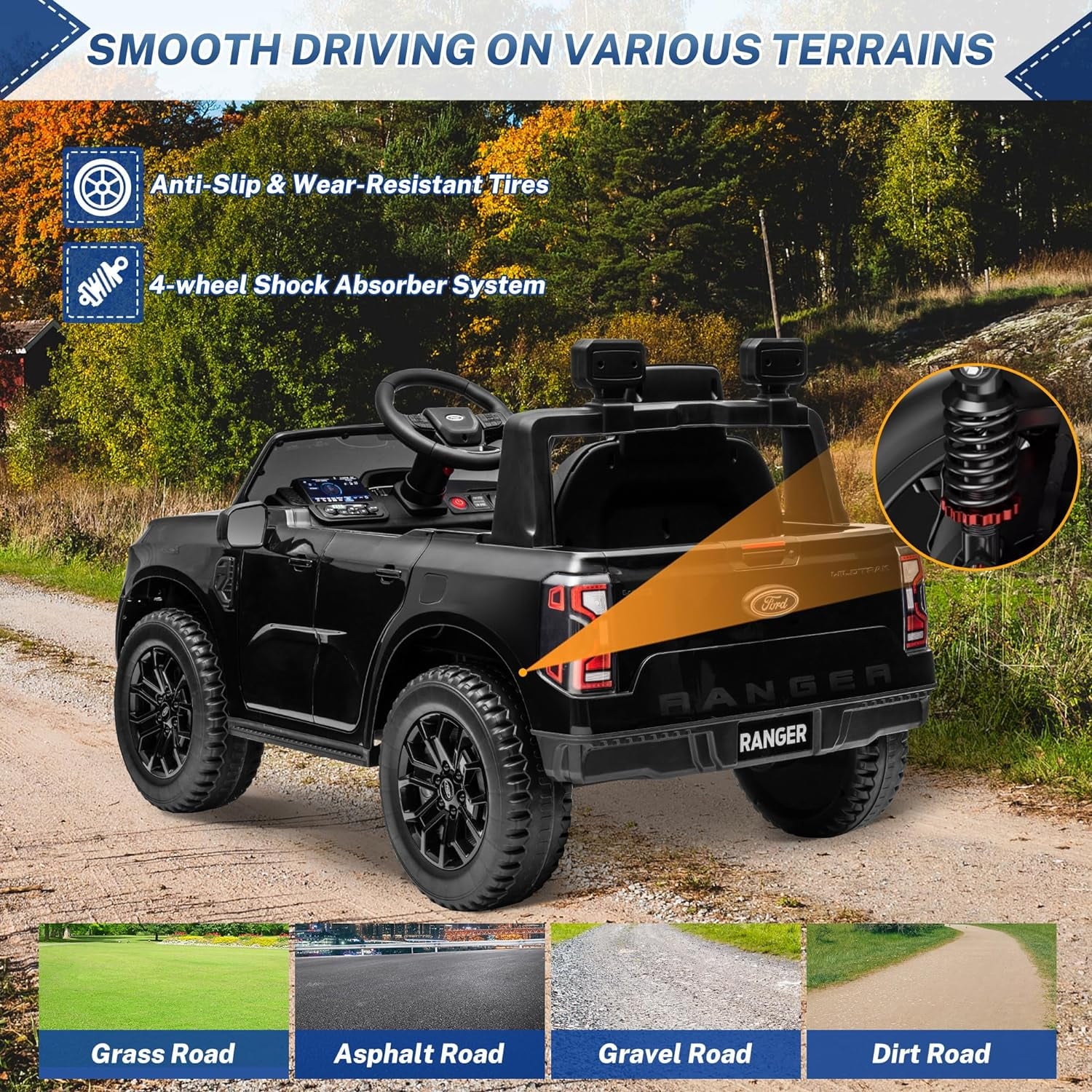 Track 7 12V Kids Ride on Pickup Truck, Licensed Ford Ranger, Electric Vehicle Ride on Toy Car with Remote Control, Music Player, LED Lights, Bluetooth, Soft Start, Gift for Kids Ages 3-6, Black