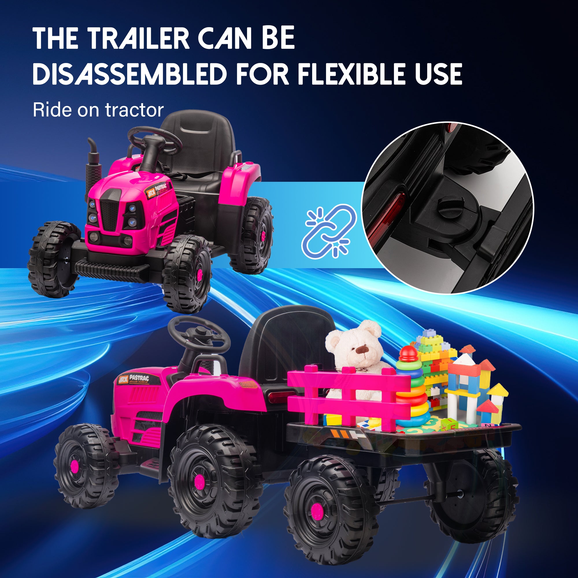 Track 7 24V Ride on Tractor, 400W Electric Tractor with Detachable Trailer, Remote Control, USB, MP3, Power Display, LED Lights, Max Speed 4.97 mph, 24V Electric Car for Boys Girls Age 3+, RoseRed