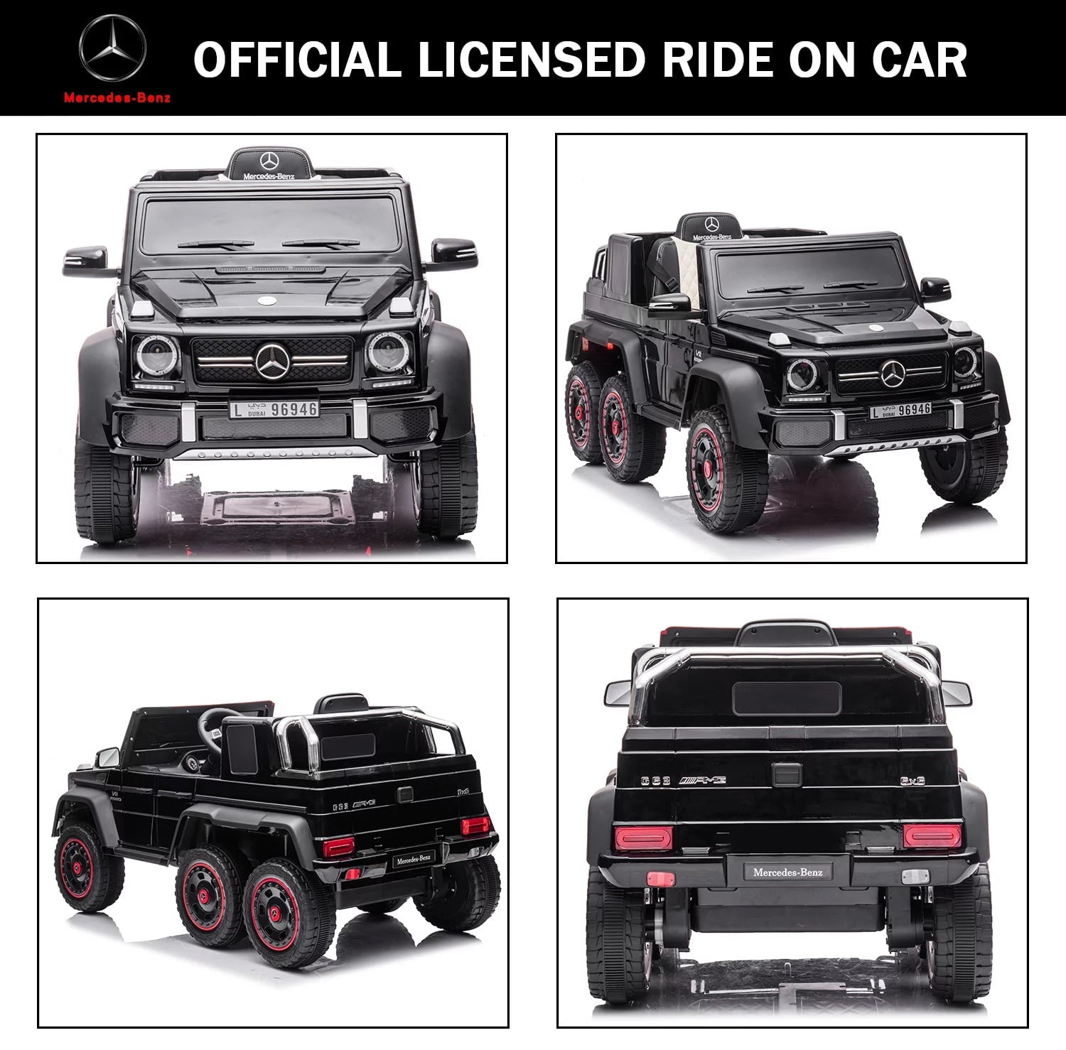 Track Seven 24V Ride on Car, Licensed Mercedes Benz G63 24V Electric Car with Remote Control, Music, Bluetooth, Leather Seat, 6 Wheels Kids Ride on Truck, Black