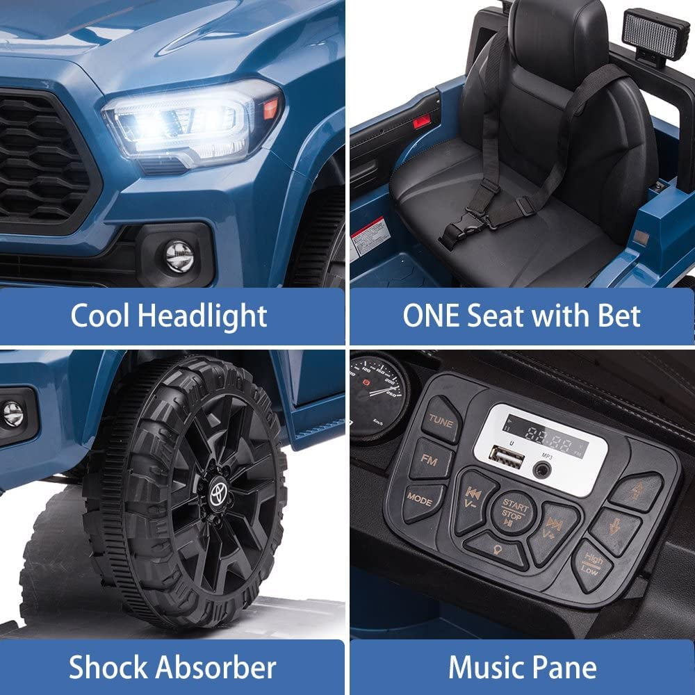 Track 7 Ride on Car with Remote Control, 12V Toyota Tacoma Electric Car for Boys Girls Age 3+, AUX/FM/USB, Storage Truck, Blue