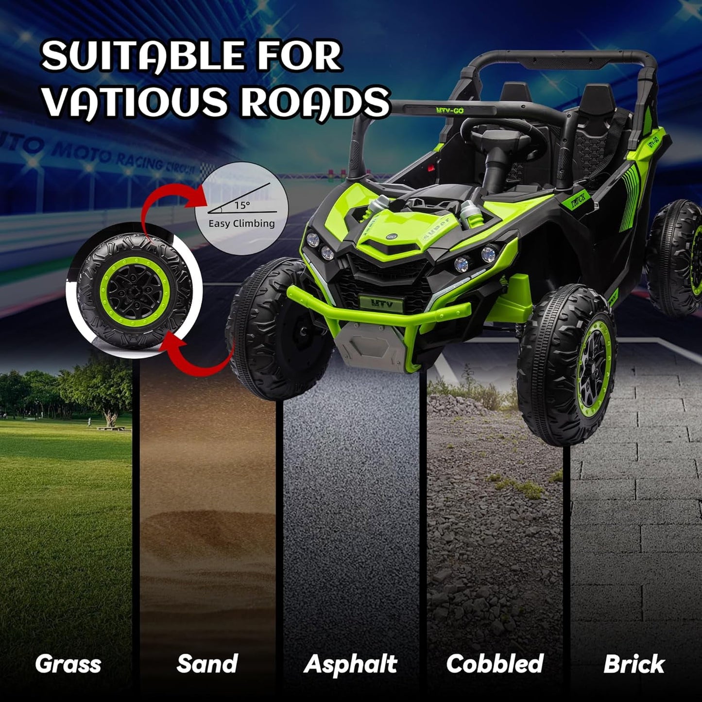 Track 7 24V 2-Seater Ride on UTV, 20" Large Seat, 2 x 200W Powerful Motors, 4.5 mph Max Speed, Ride on Car w/Remote Control, MP3, Lights, Battery Powered Electric Car for Boys Girls Age 3+, Blue