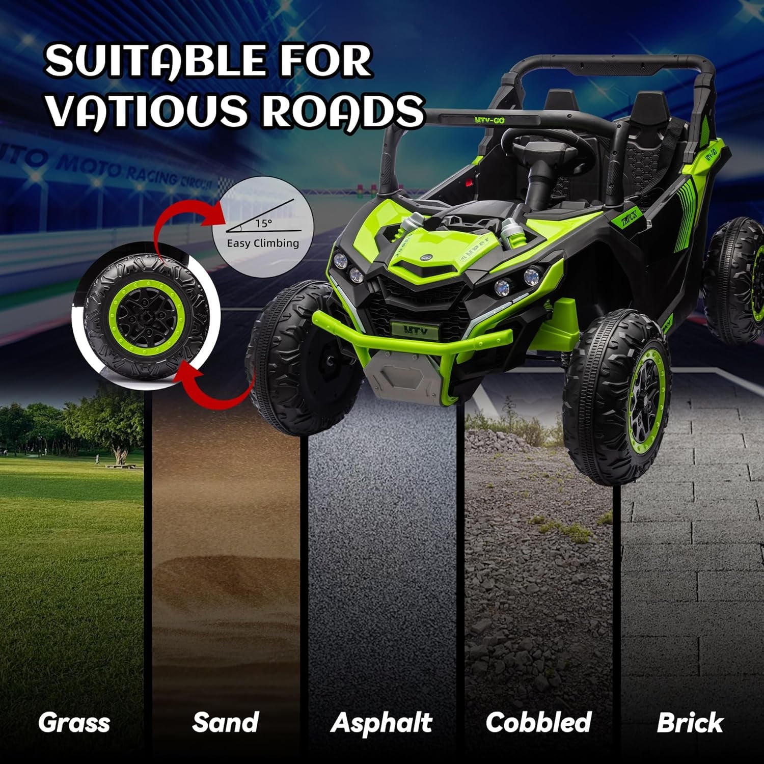 Track 7 24V 2-Seater Ride on UTV, 20" Large Seat, 2 x 200W Powerful Motors, 4.5 mph Max Speed, Ride on Car w/Remote Control, MP3, Lights, Battery Powered Electric Car for Boys Girls Age 3+, Blue