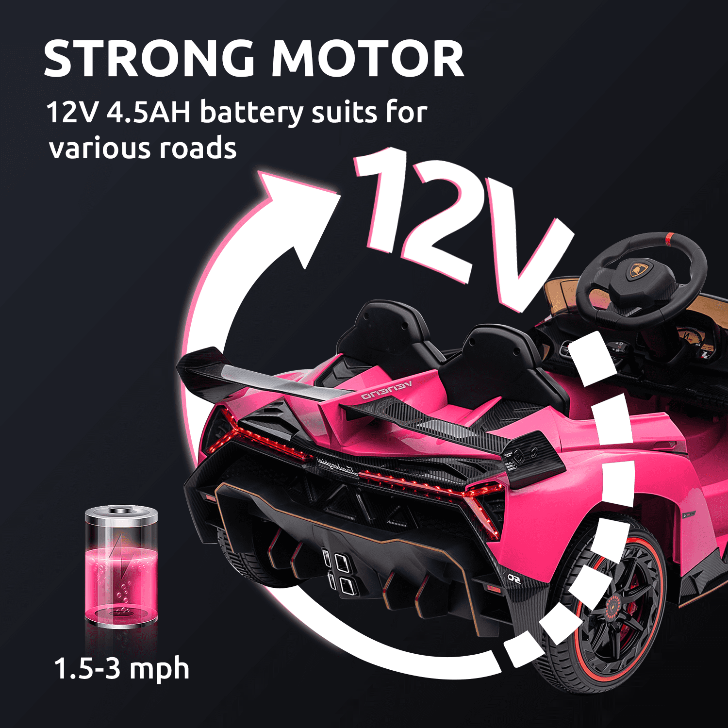 Track Seven 12V Kids Ride on Car, Licensed Lamborghini Veneno Electric Car with Remote Control, Music, Age 3+, Pink