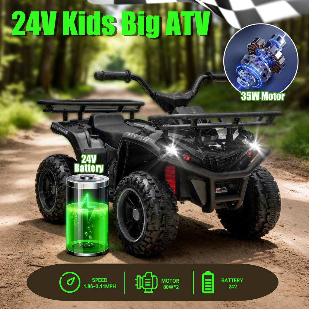 Track Seven 24V Ride on ATV, Kids ATV 4 Wheeler Quad Ride on Toy with Bluetooth, Crash Bar, Front & Rear Storage Rack, Power Display, LED Lights, Electric ATV for Boys Girls Aged 3+, Black