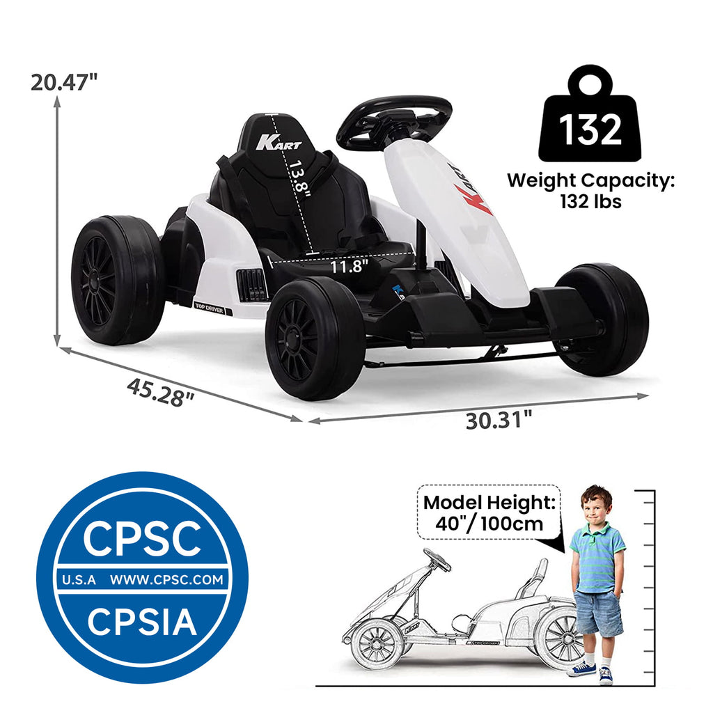 Track 7 24V Electric Drifting Go Kart for Kids,Max Speed Up to 8mph,Music,Safety Belt,Helmet,Knee Pads,Elbow Pads,Palm Pads.Electric Ride on Car,Racing Drift Kart for Kids Age 3+,White