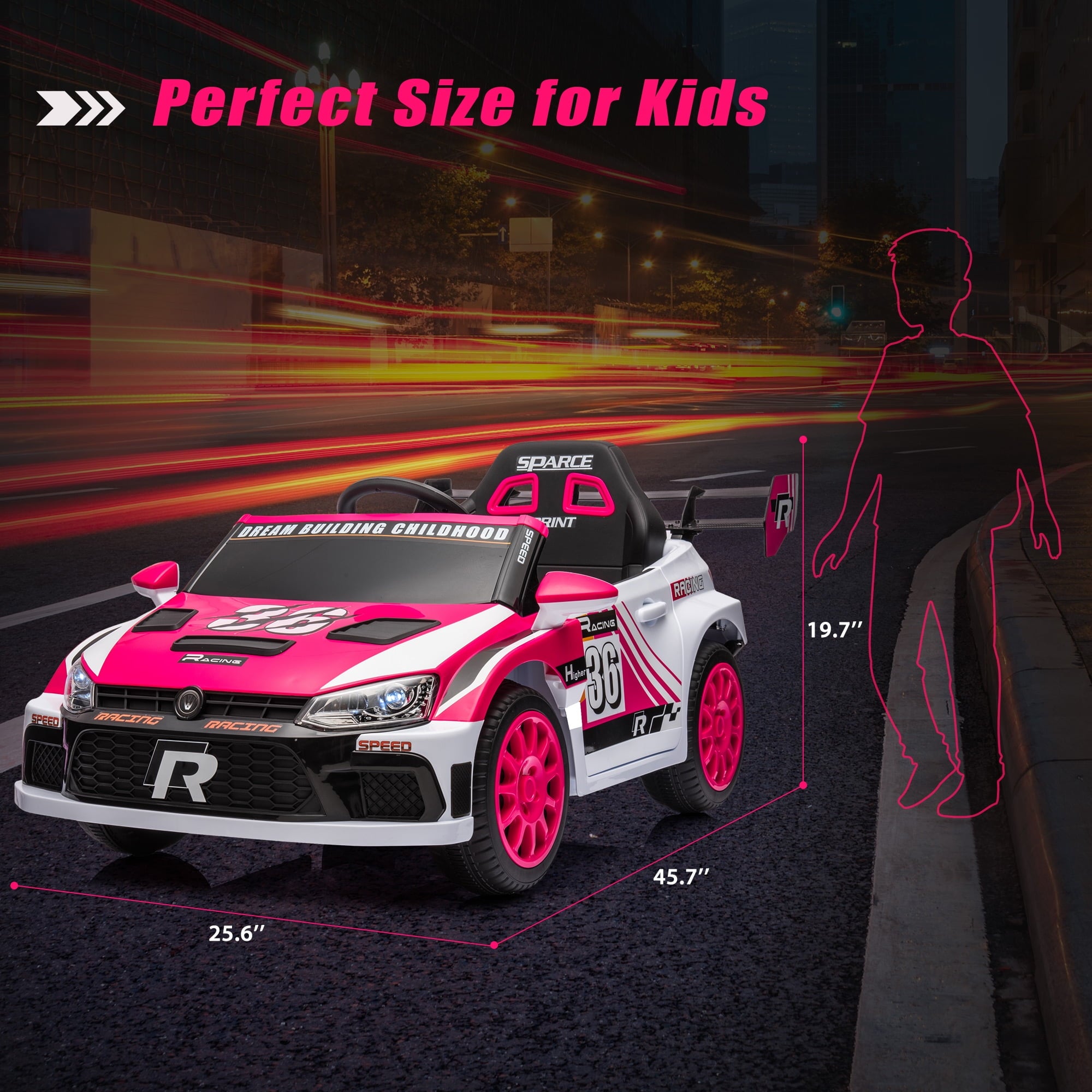 Track 7 Kids Ride on Car, 12V Electric Sports Car with Remote Control, Bluetooth, Front Light, Electric Buggies for Boys Girls Age 3+, Pink