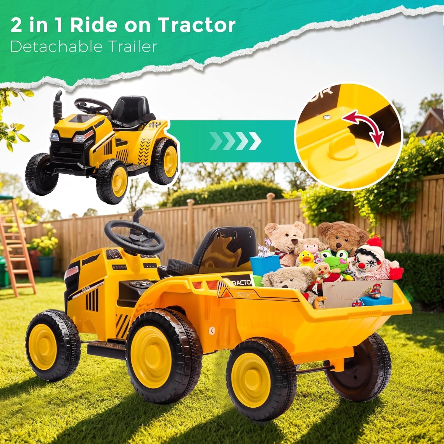 Track 7 12V Ride on Tractor, Kids Electric Tractor Black Knight with Detachable Trailer, Bluetooth, USB, 2WD, Removable storage Tug, 6-Wheel Ride on Toy Car for Boys Girls Age 3+, Yellow